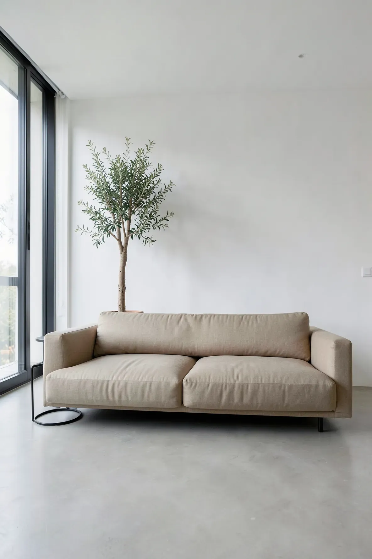 A single long linen bolster pillow stretching across a modern low-back sofa in a minimalist room.