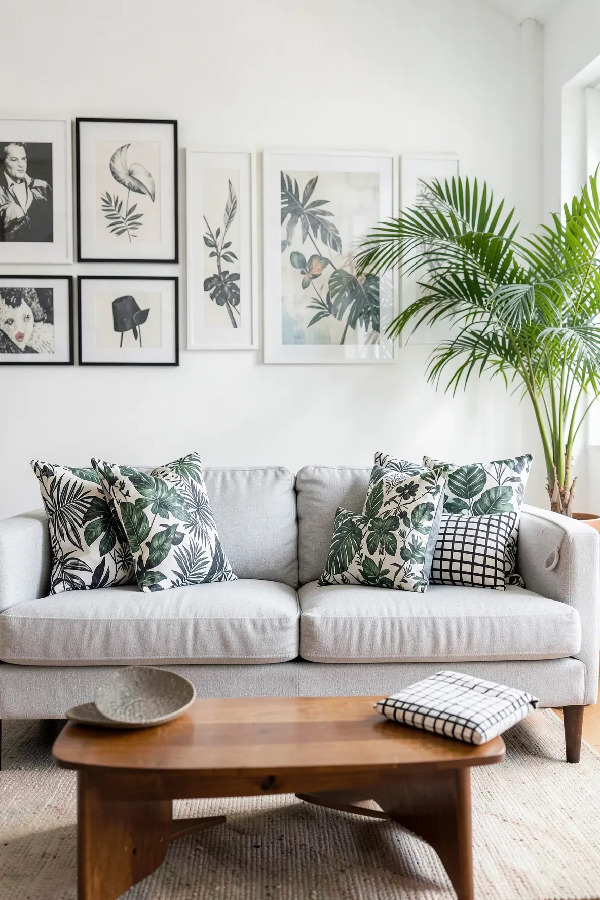 Large floral pillows behind small geometric grid pillows on a gray sofa.