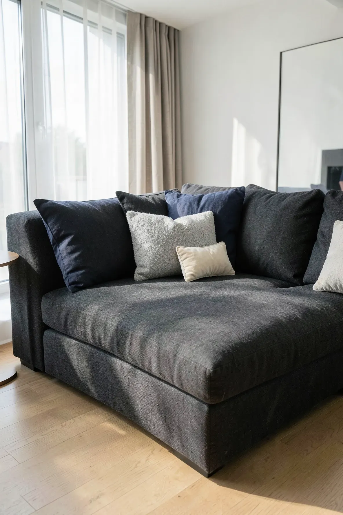 A deep gray sectional sofa with a structured stack of four pillows in navy, gray, and cream.