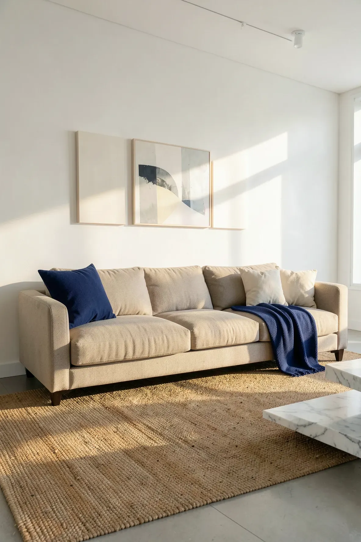 A long oatmeal sofa featuring matching indigo blue accents placed diagonally for visual balance.