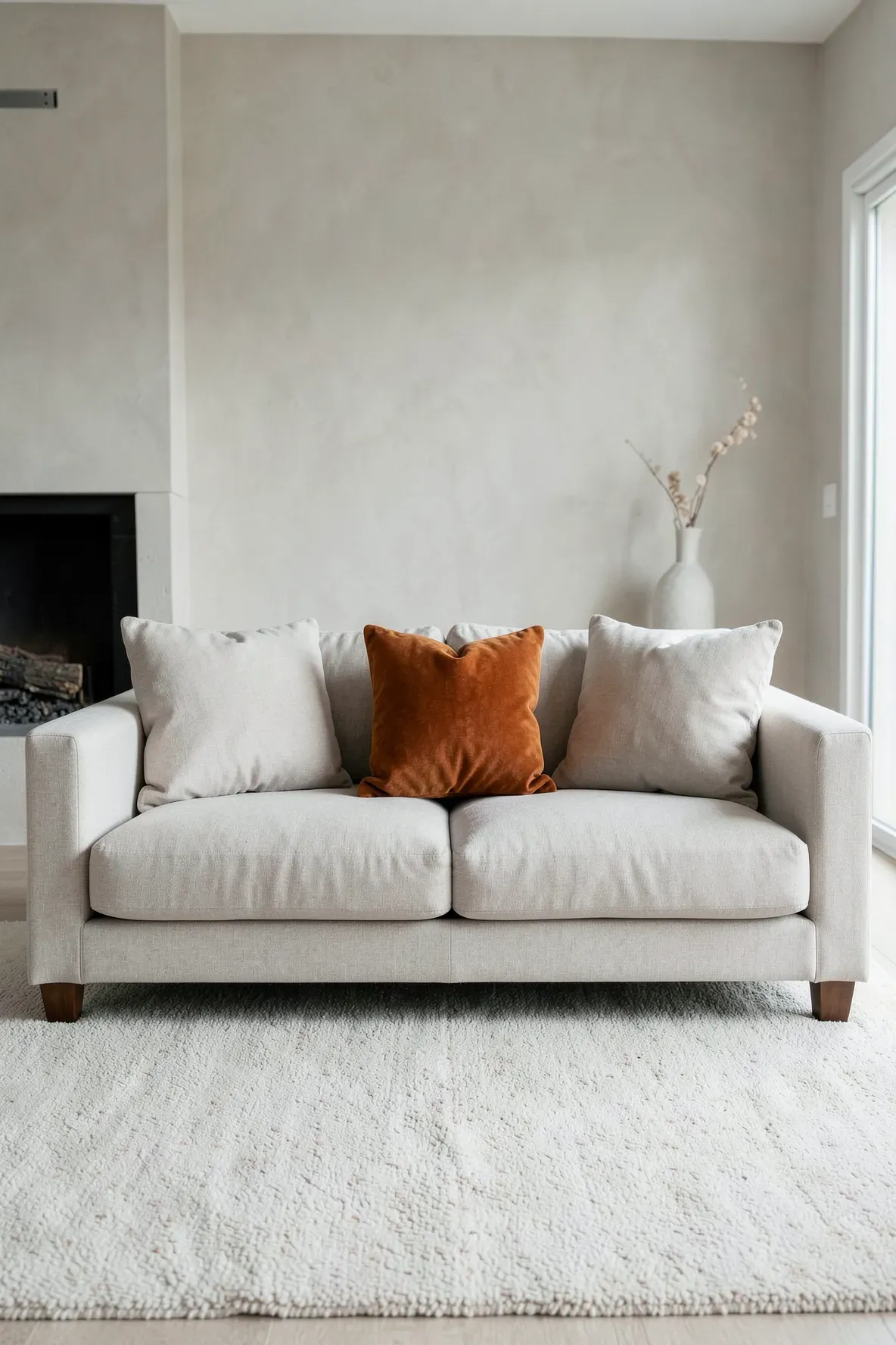 A beige sofa with matching pillows and one single bright burnt orange pillow as a focal point.