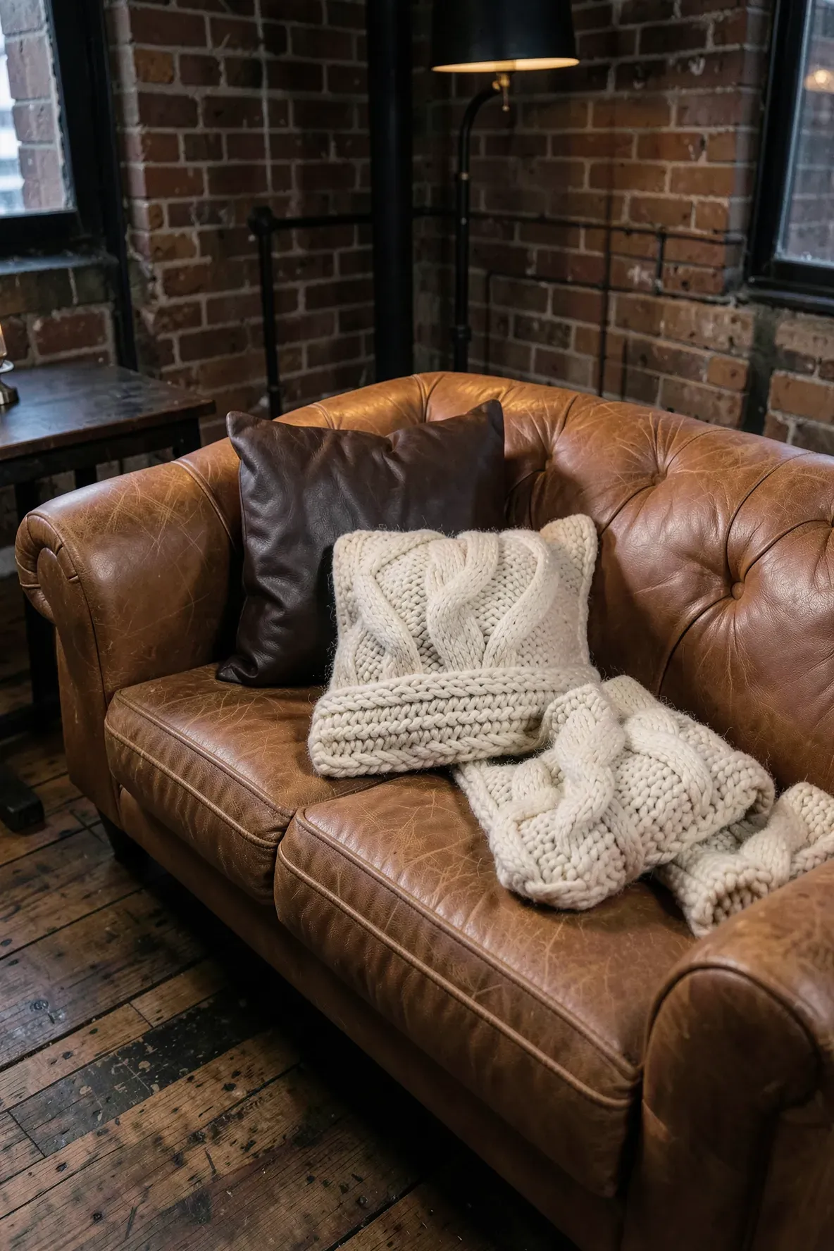 A leather sofa corner featuring a smooth brown leather pillow paired with a chunky white knit pillow.