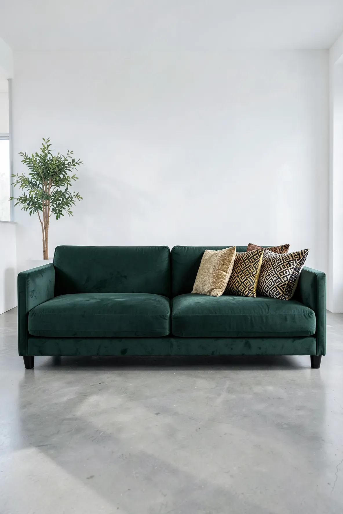 A green velvet sofa with a cluster of five pillows on one side and the other side left empty.