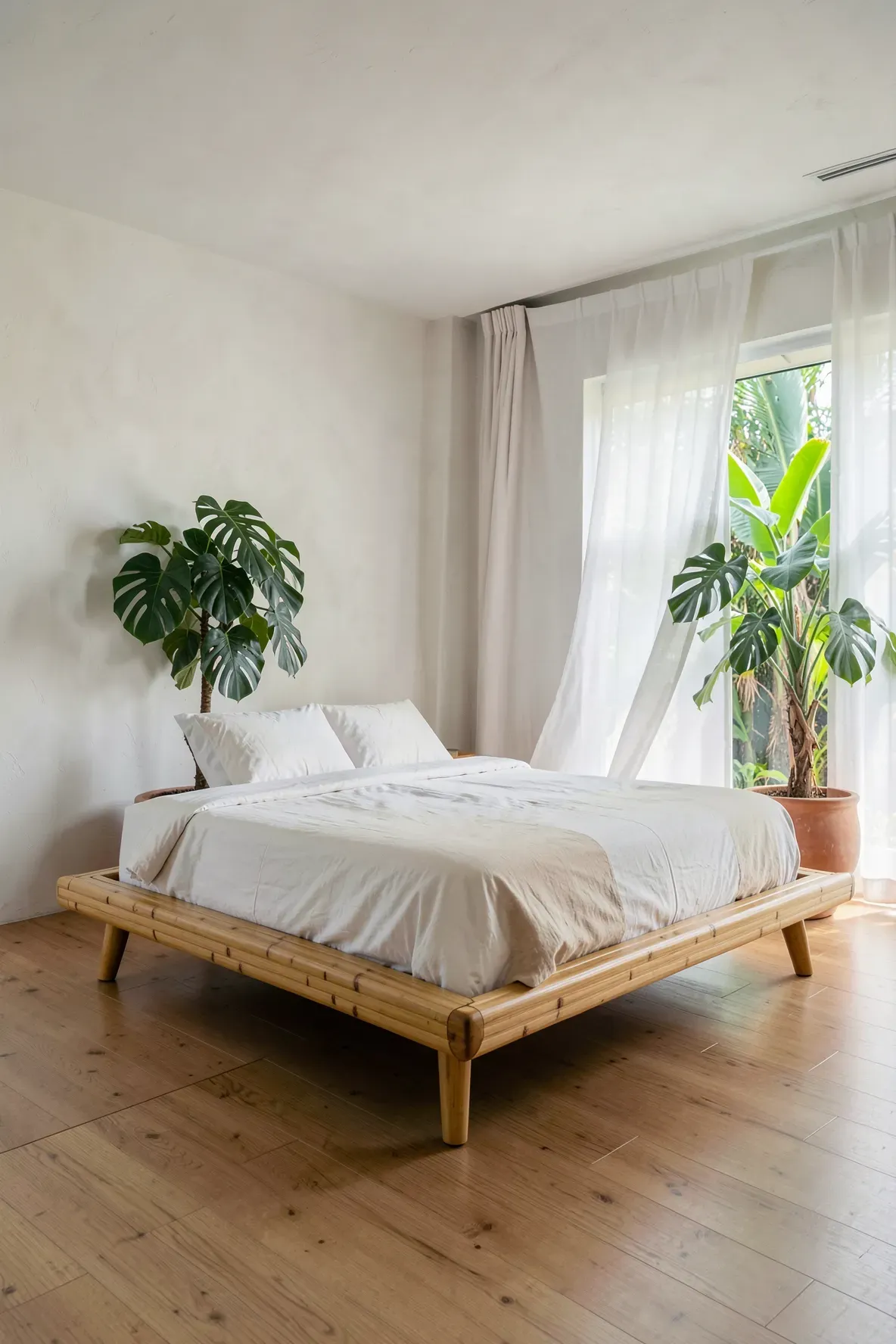 A modern solid bamboo platform bed with tapered legs in a bright, airy tropical bedroom.