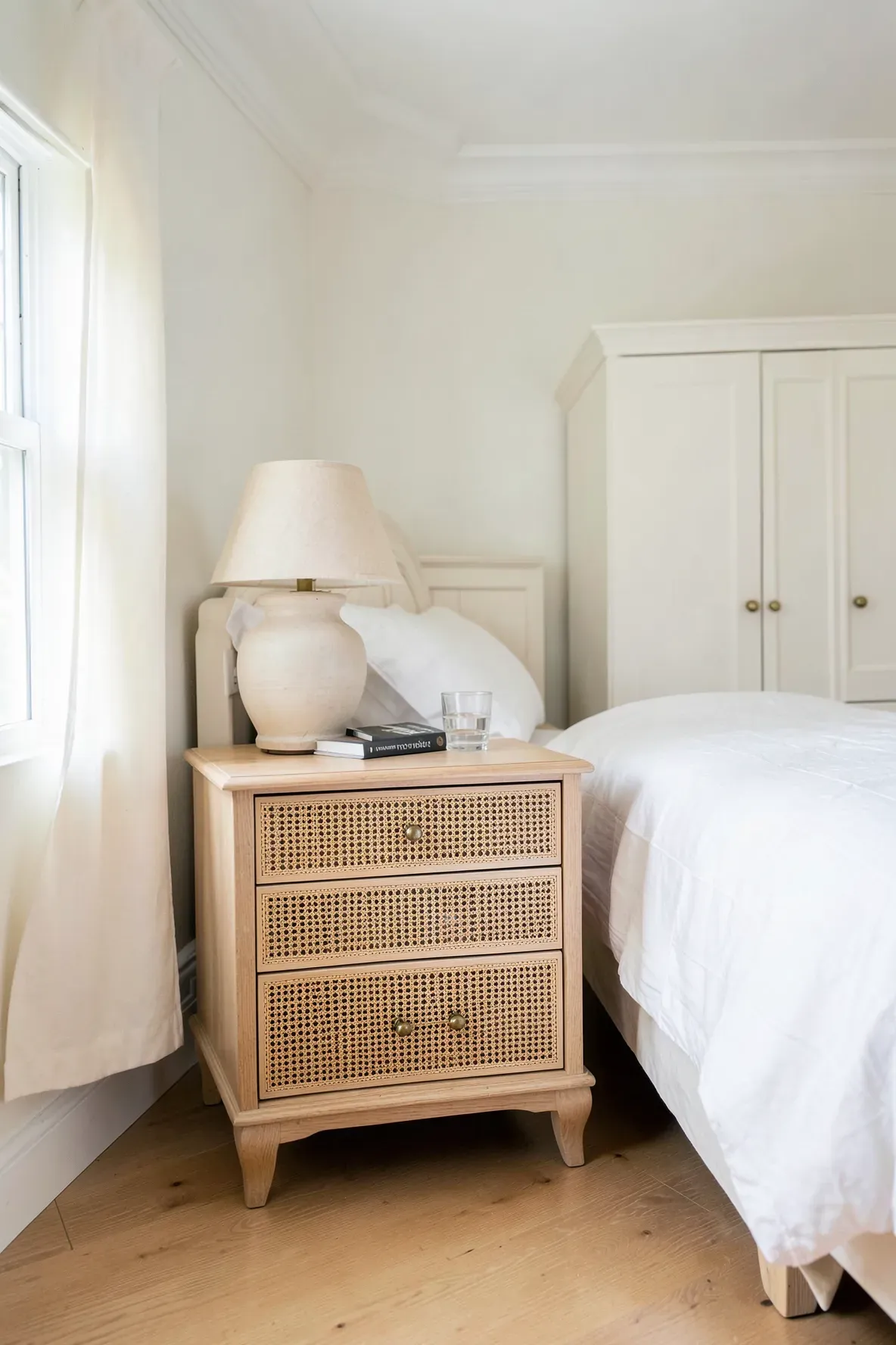 A light wood nightstand with cane inlay drawers and brass knobs in a bright tropical bedroom.
