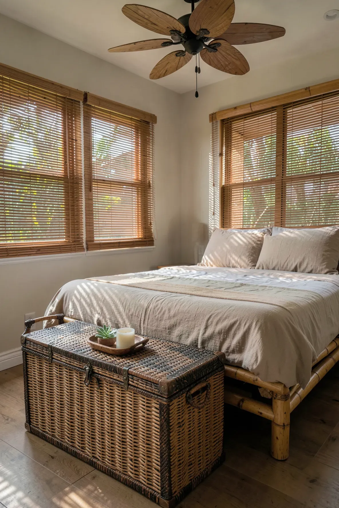 A large woven wicker storage trunk at the foot of a bed in a tropical themed bedroom.