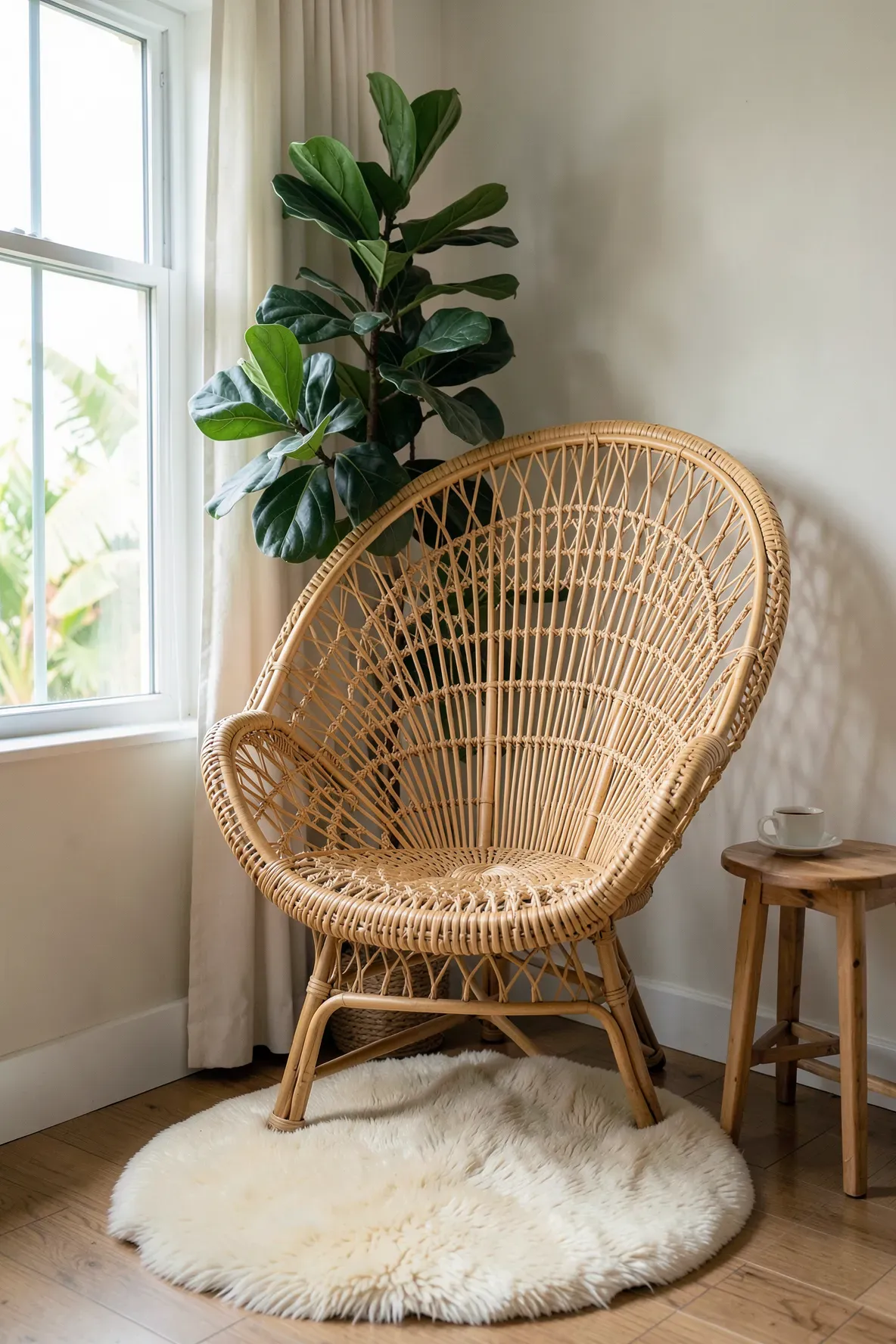 An intricate rattan peacock chair in a cozy bedroom corner with a sheepskin rug and a plant.
