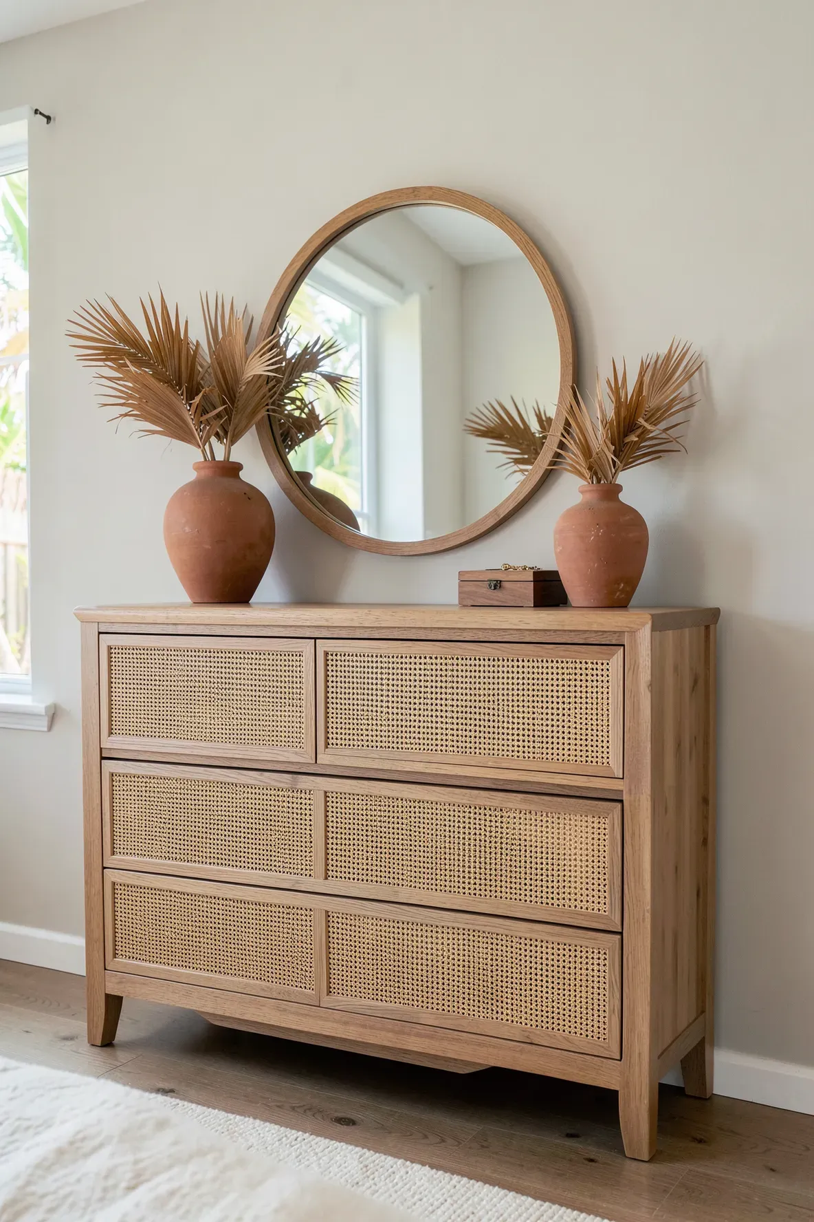 A six-drawer dresser with cane-paneled fronts and a large mirror in a tropical bedroom.