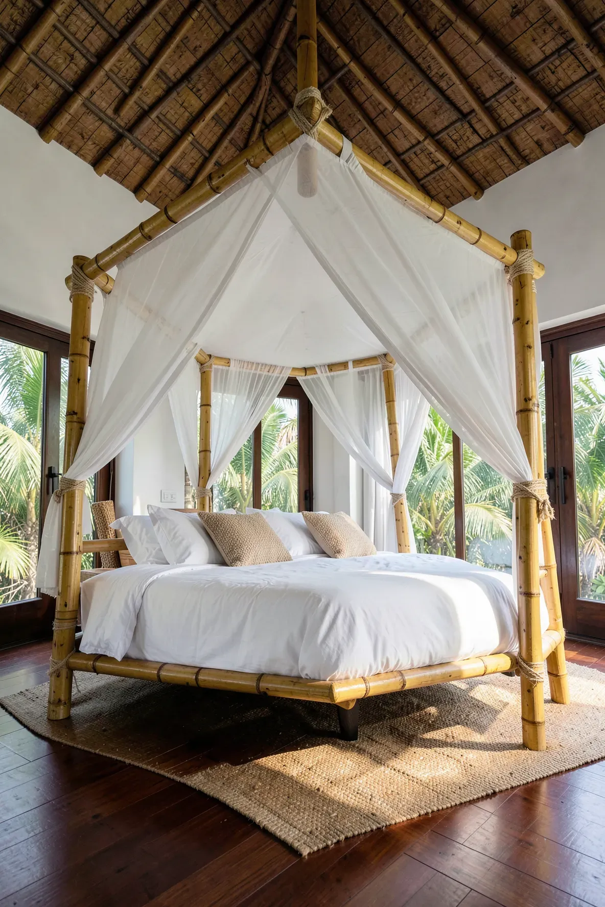 A large bamboo canopy bed with sheer white curtains in a bright, airy tropical bedroom.