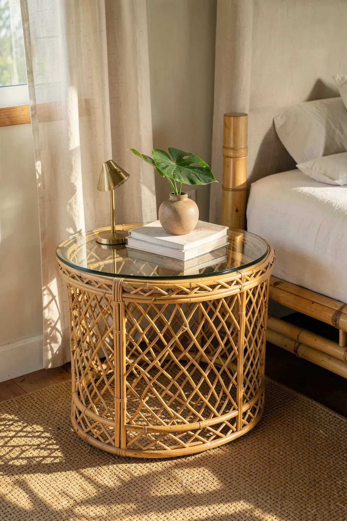 A round rattan side table with a glass top sitting next to a bed in a sunlit room.