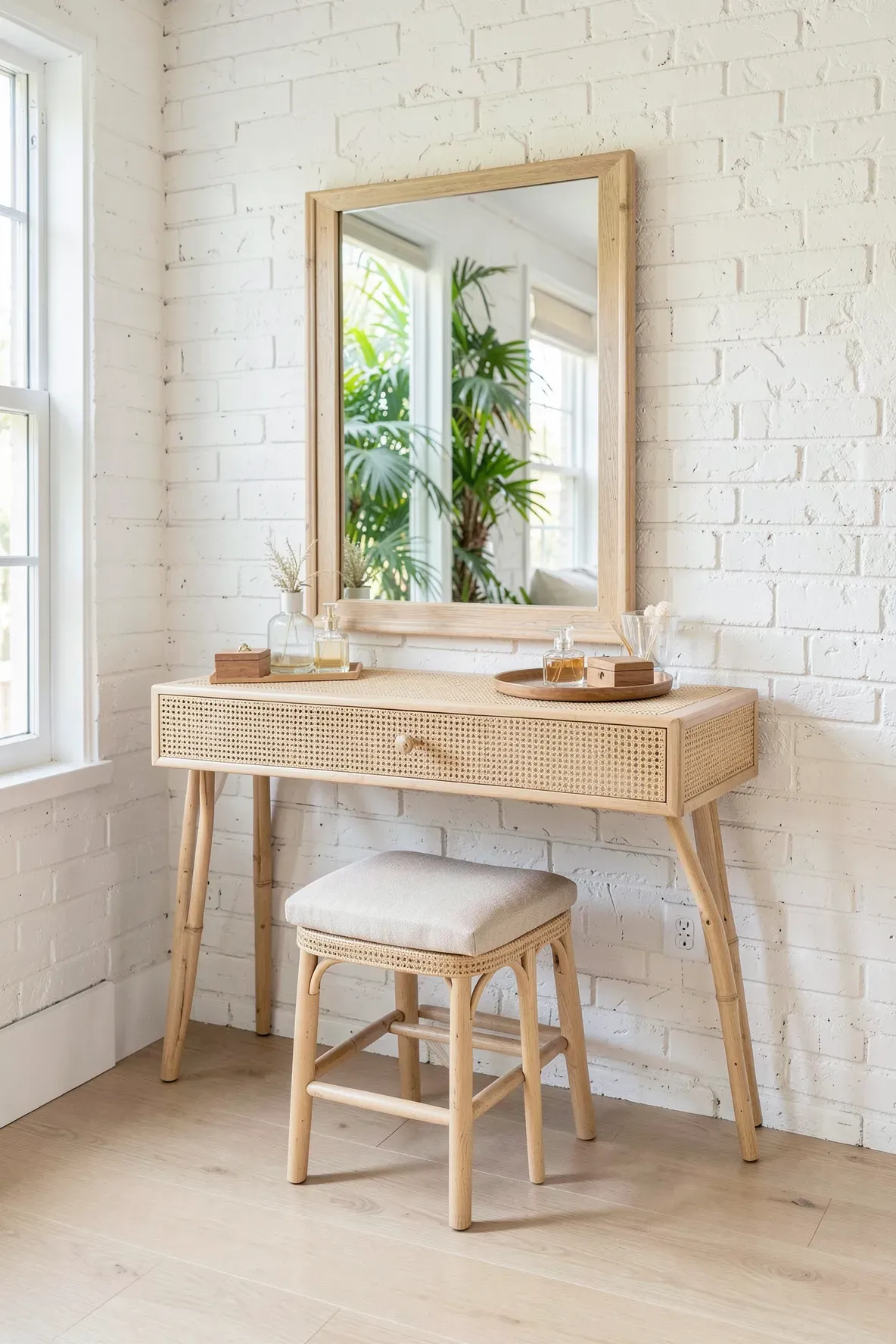 A stylish woven cane vanity desk and matching stool in a bright, tropical-themed bedroom.