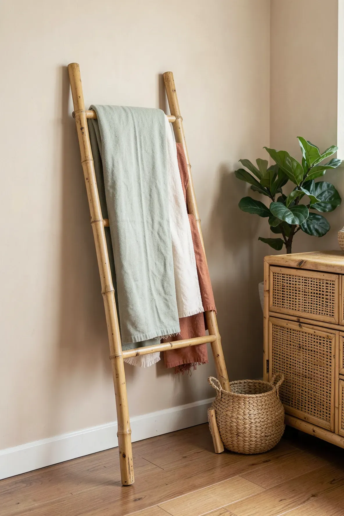 A bamboo ladder leaning against a wall holding several colorful linen blankets.