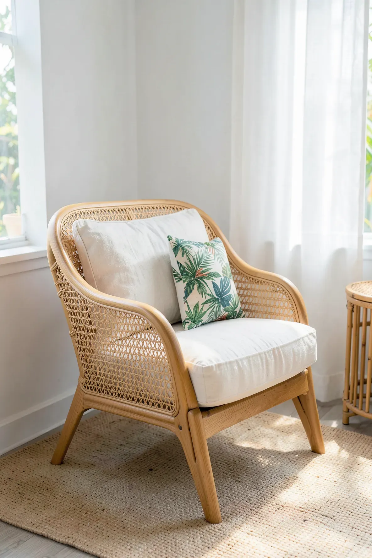 A comfortable cane back chair with white cushions in a bright bedroom corner.