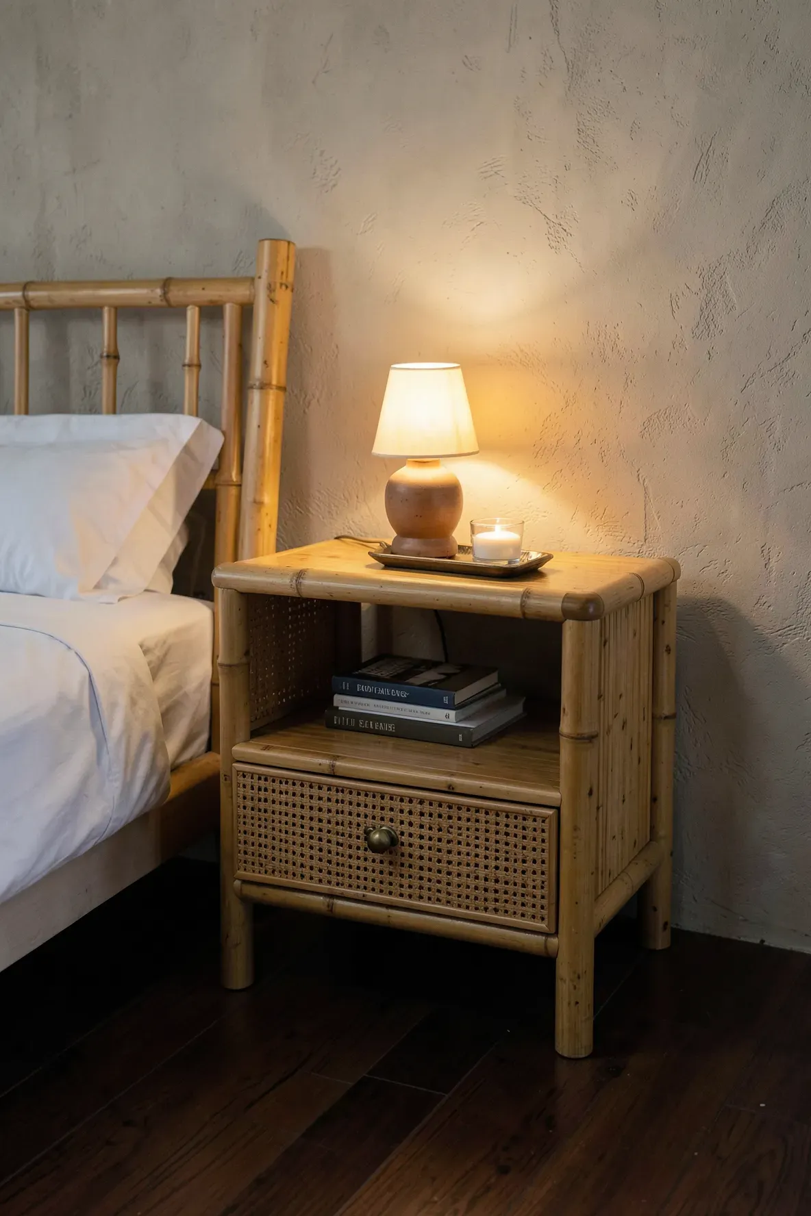 A bamboo nightstand with an open shelf and a woven drawer next to a bed.