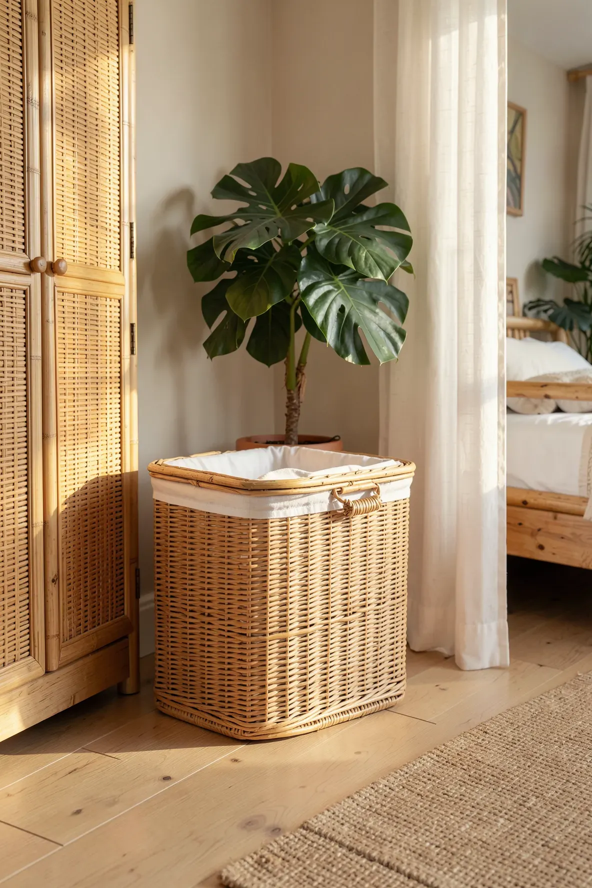 A natural wicker laundry hamper with a white liner in a bright, tropical bamboo bedroom corner.