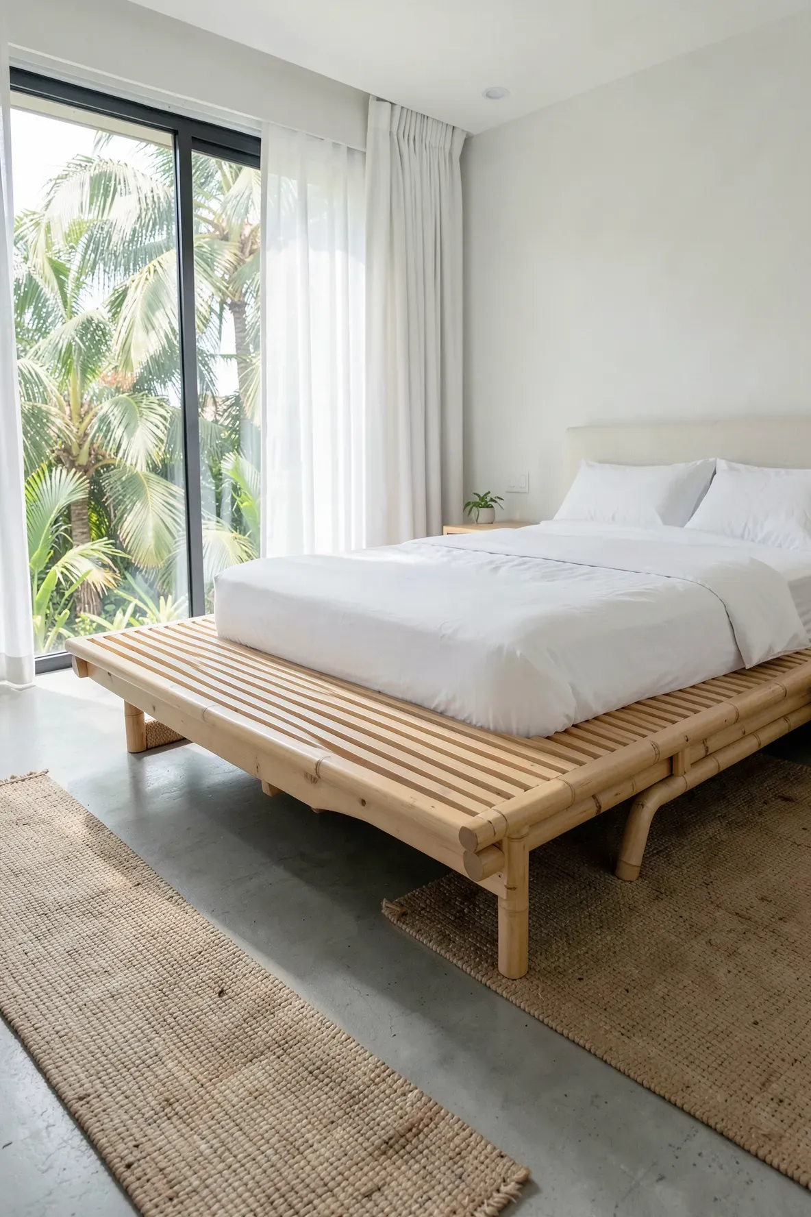 A minimalist bamboo slat bench at the foot of a bed in a bright, airy tropical bedroom.