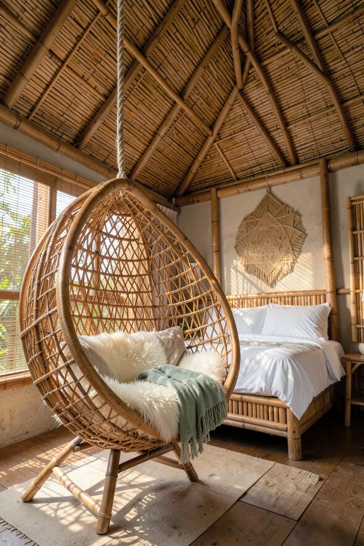 A rattan hanging chair with a plush cushion suspended in a relaxing, bamboo-furnished bedroom.