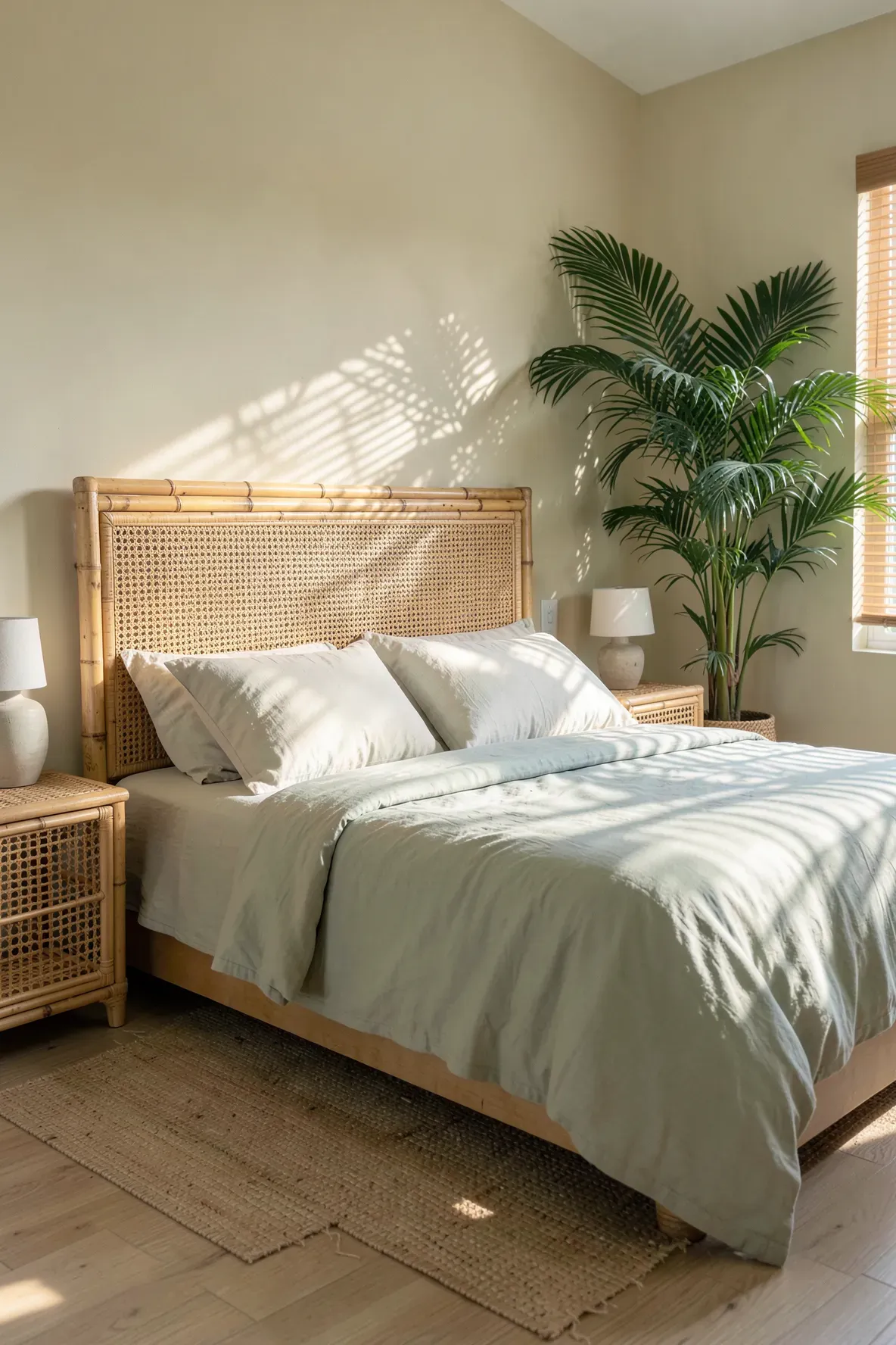 A natural rattan and faux bamboo headboard in a breezy bedroom with green linen and a palm tree.