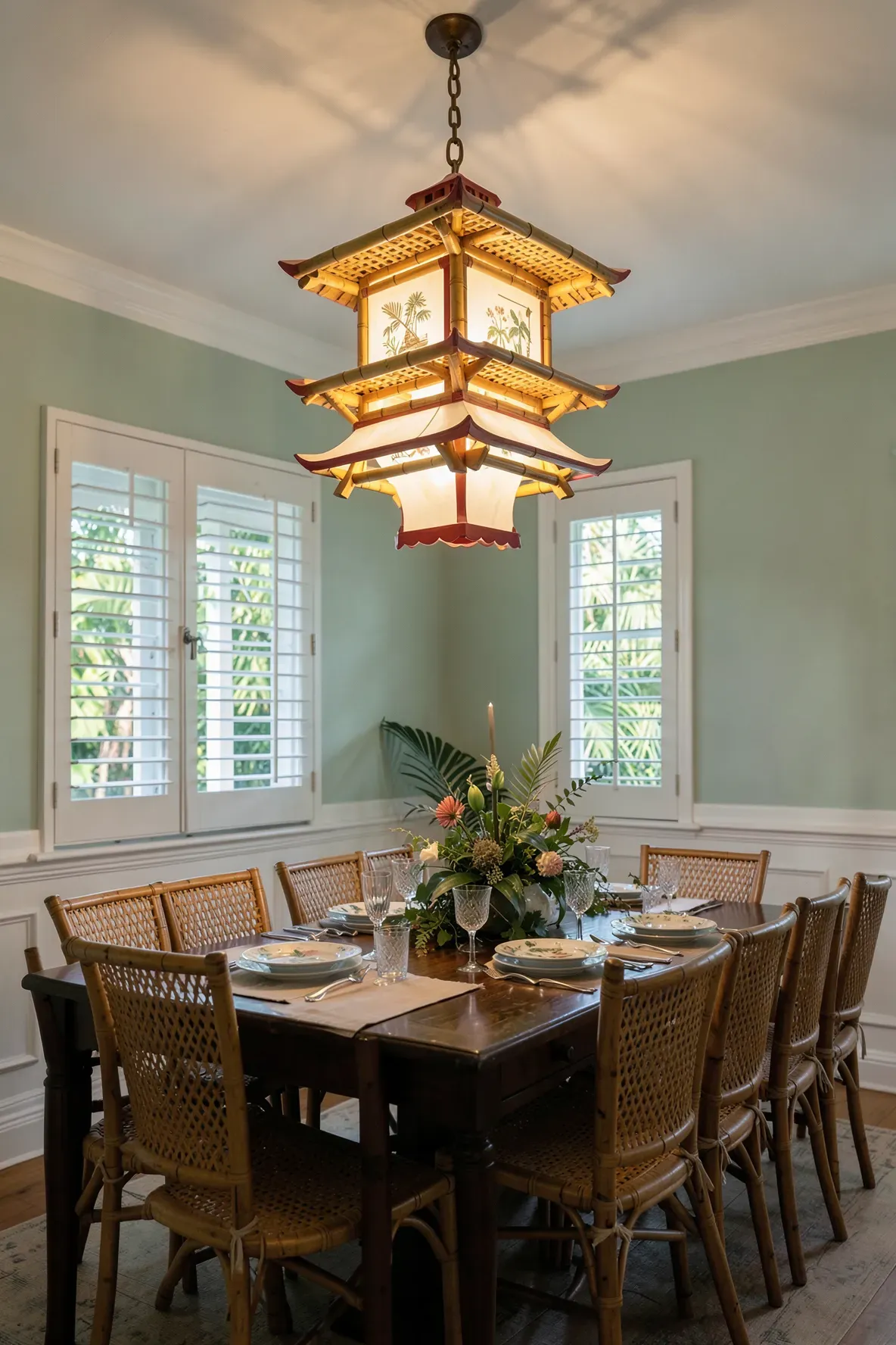 A white pagoda-style chandelier with bamboo details hanging over a formal tropical dining table.