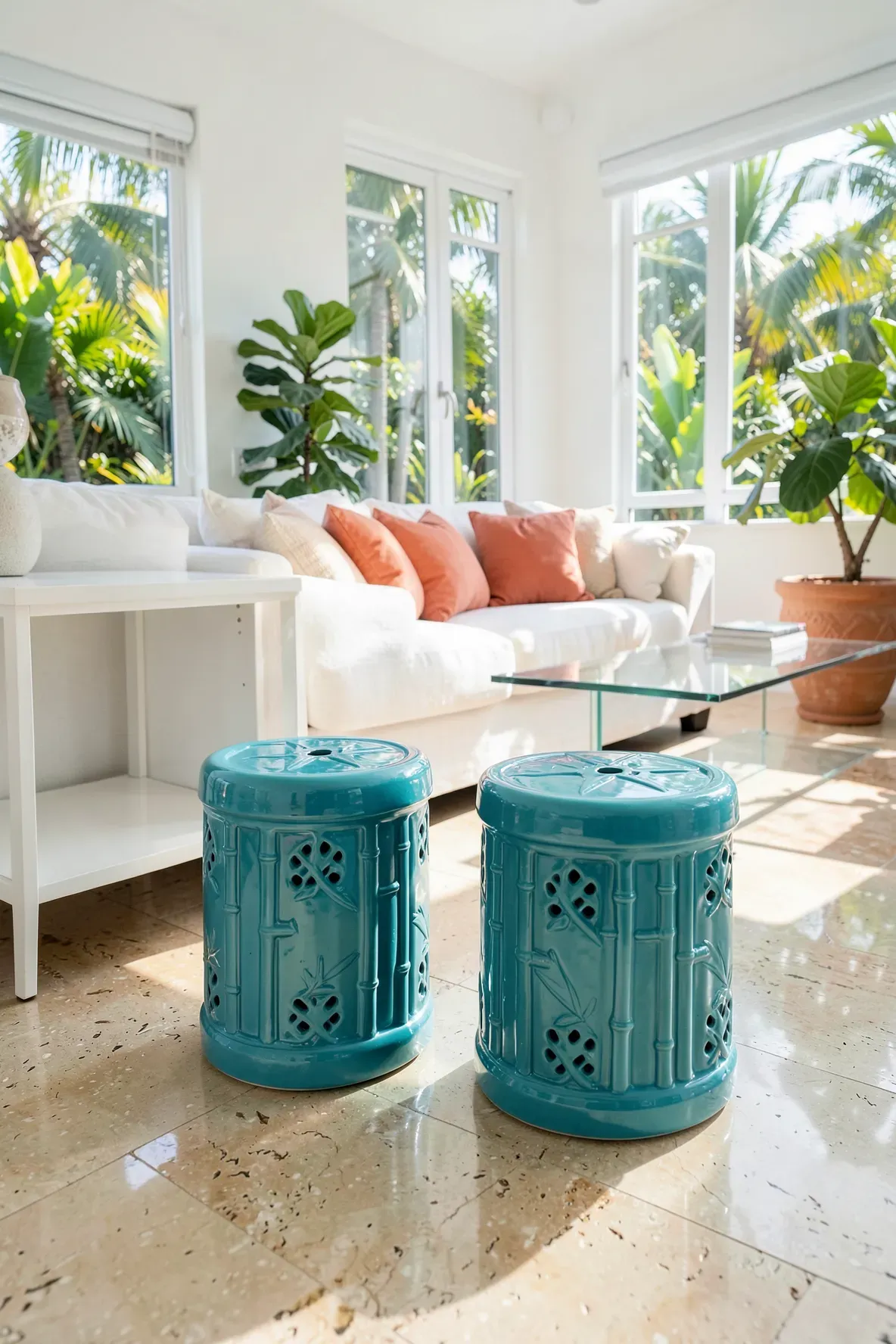 Two turquoise ceramic garden stools with bamboo patterns in a bright, modern tropical living room.