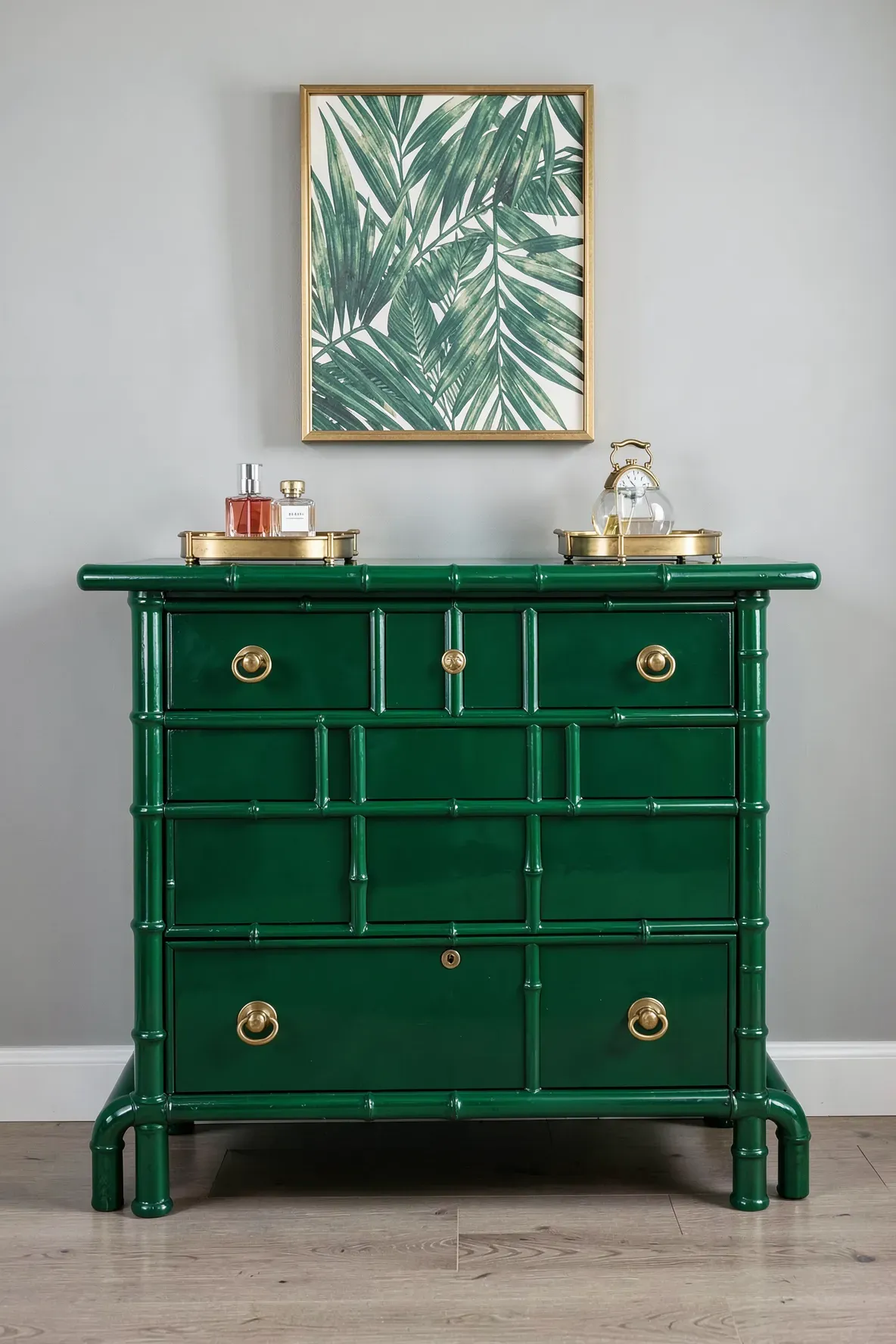 A high-gloss emerald green faux bamboo dresser with polished brass handles against a gray wall.