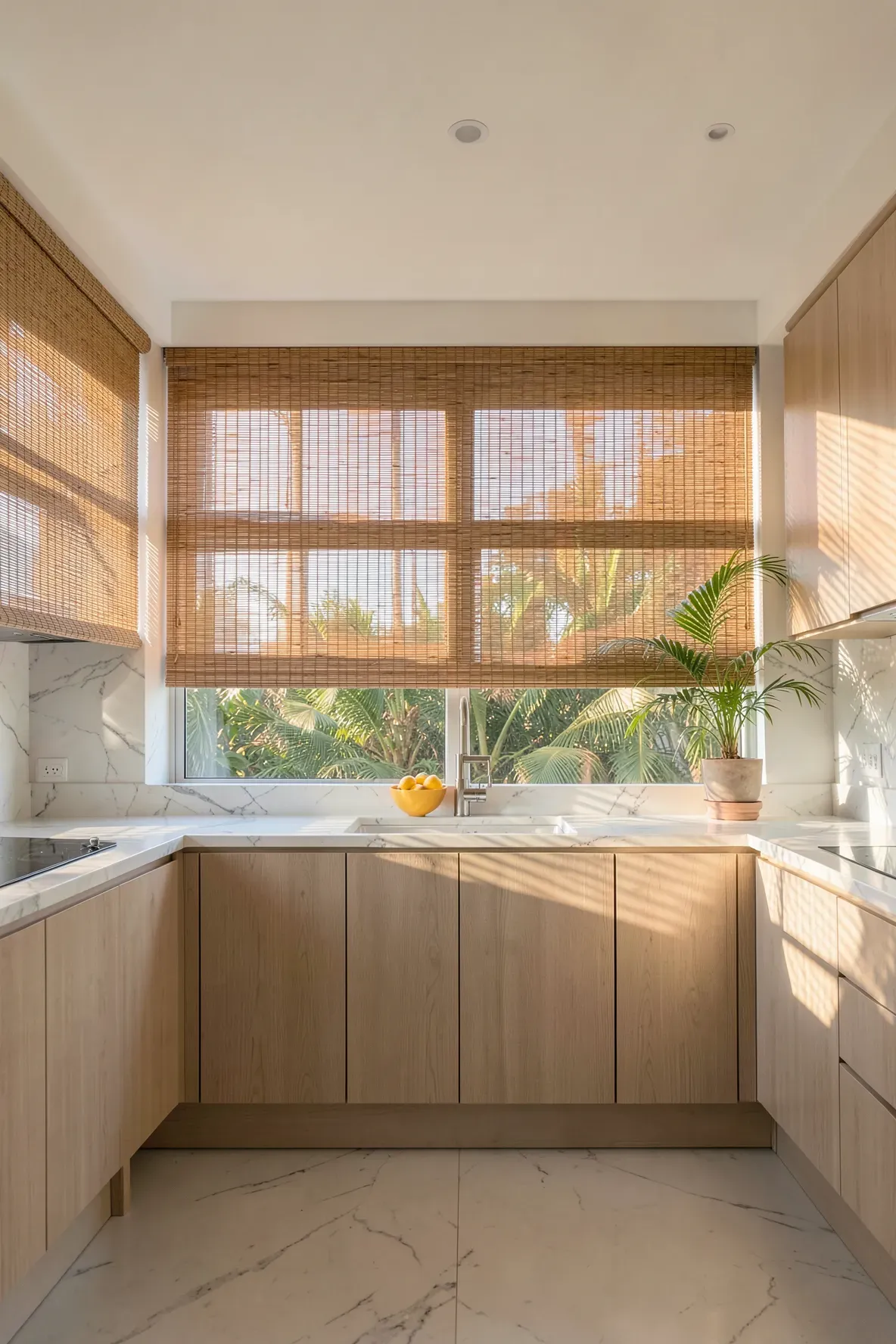 A sunlit kitchen with woven bamboo roller blinds casting linear shadows on white marble countertops.