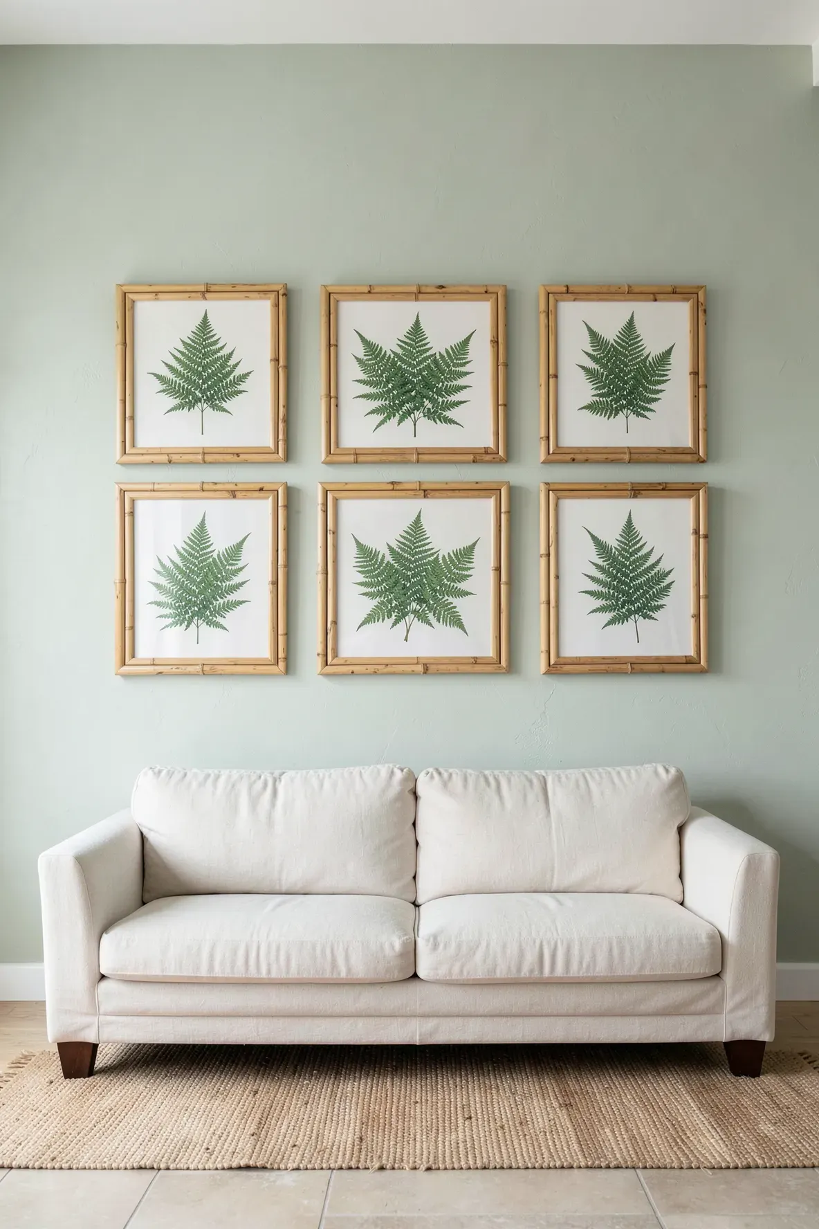 A grid of six botanical fern prints in textured bamboo frames hanging above a cream linen sofa.