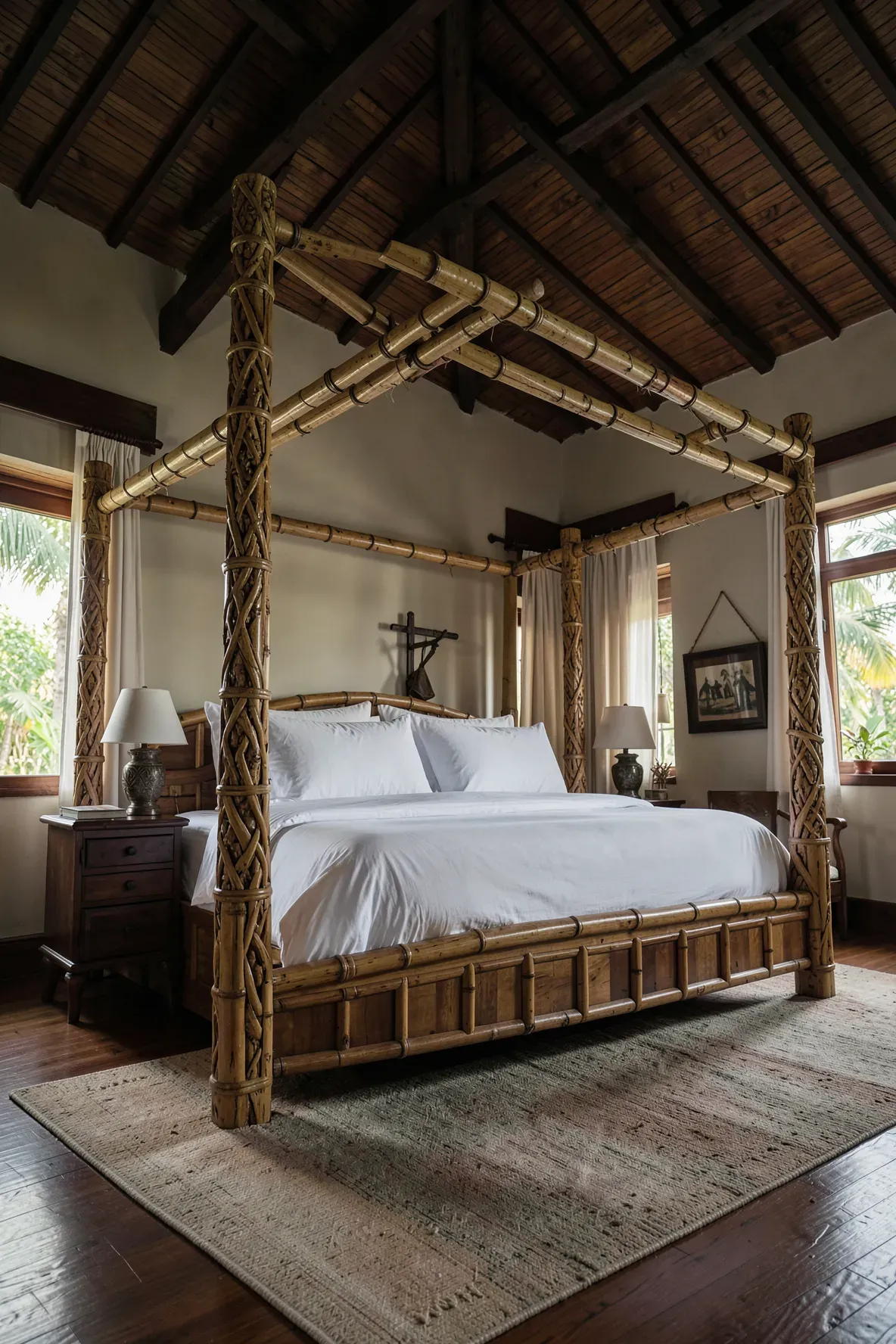 A luxury bedroom featuring a tall four-poster bed with faux bamboo posts and white linen bedding.