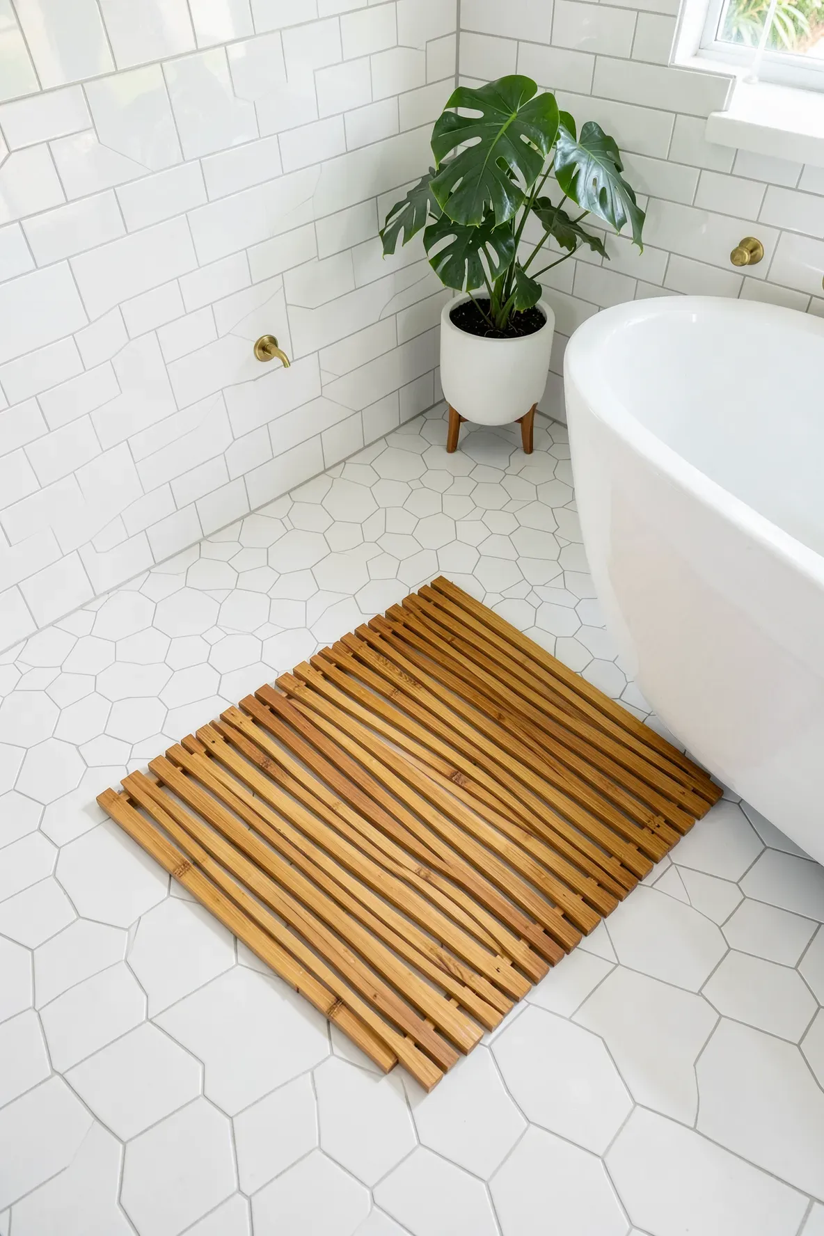 A slatted bamboo bath mat on a white tiled floor next to a modern freestanding bathtub.