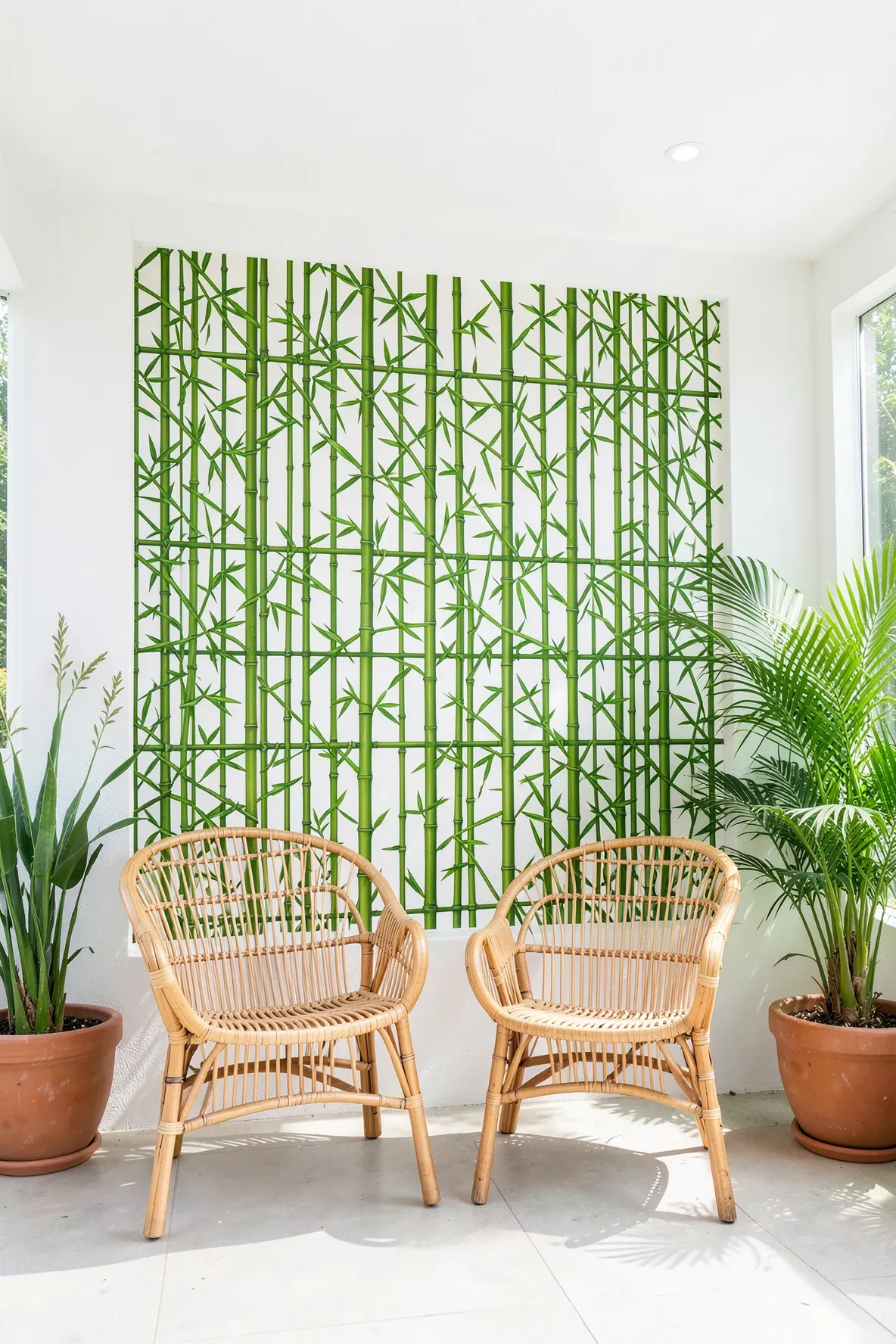 A white wall decorated with green bamboo trellis decals behind two rattan lounge chairs.