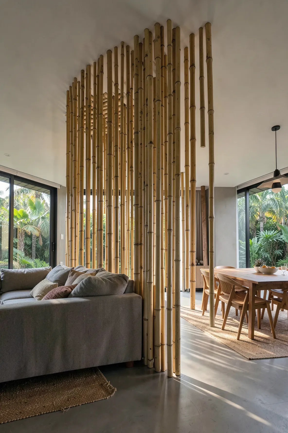 A vertical bamboo pole room divider separating a modern living room from a dining area.