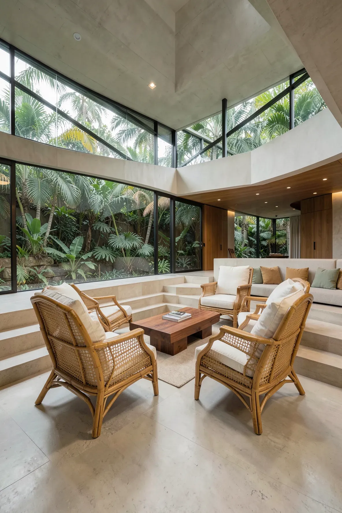 A sunken living room with faux bamboo cane back chairs, white cushions, and tropical views.