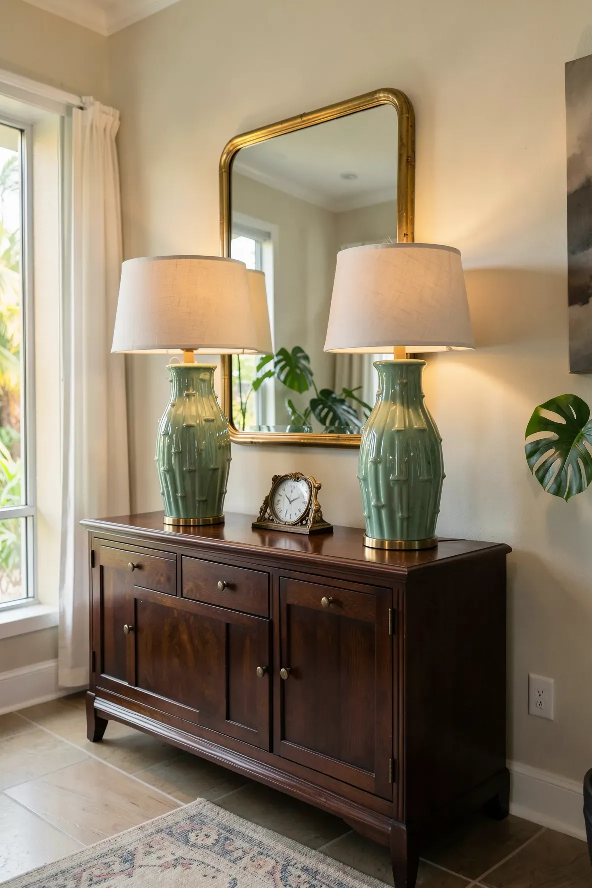 Two green ceramic faux bamboo lamps on a mahogany sideboard in a bright tropical entryway.
