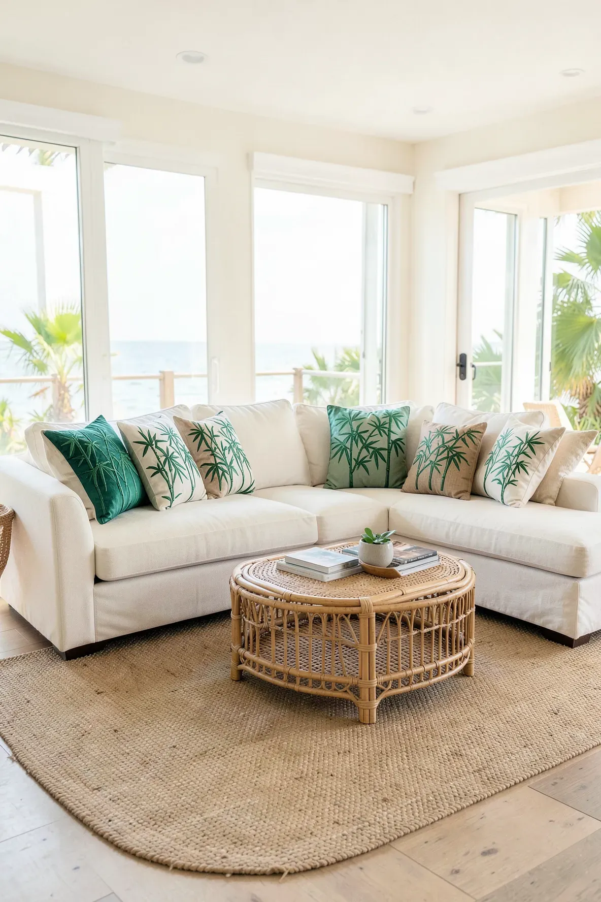 Embroidered bamboo branch pillows on a cream sofa in a bright, airy tropical-themed living room.