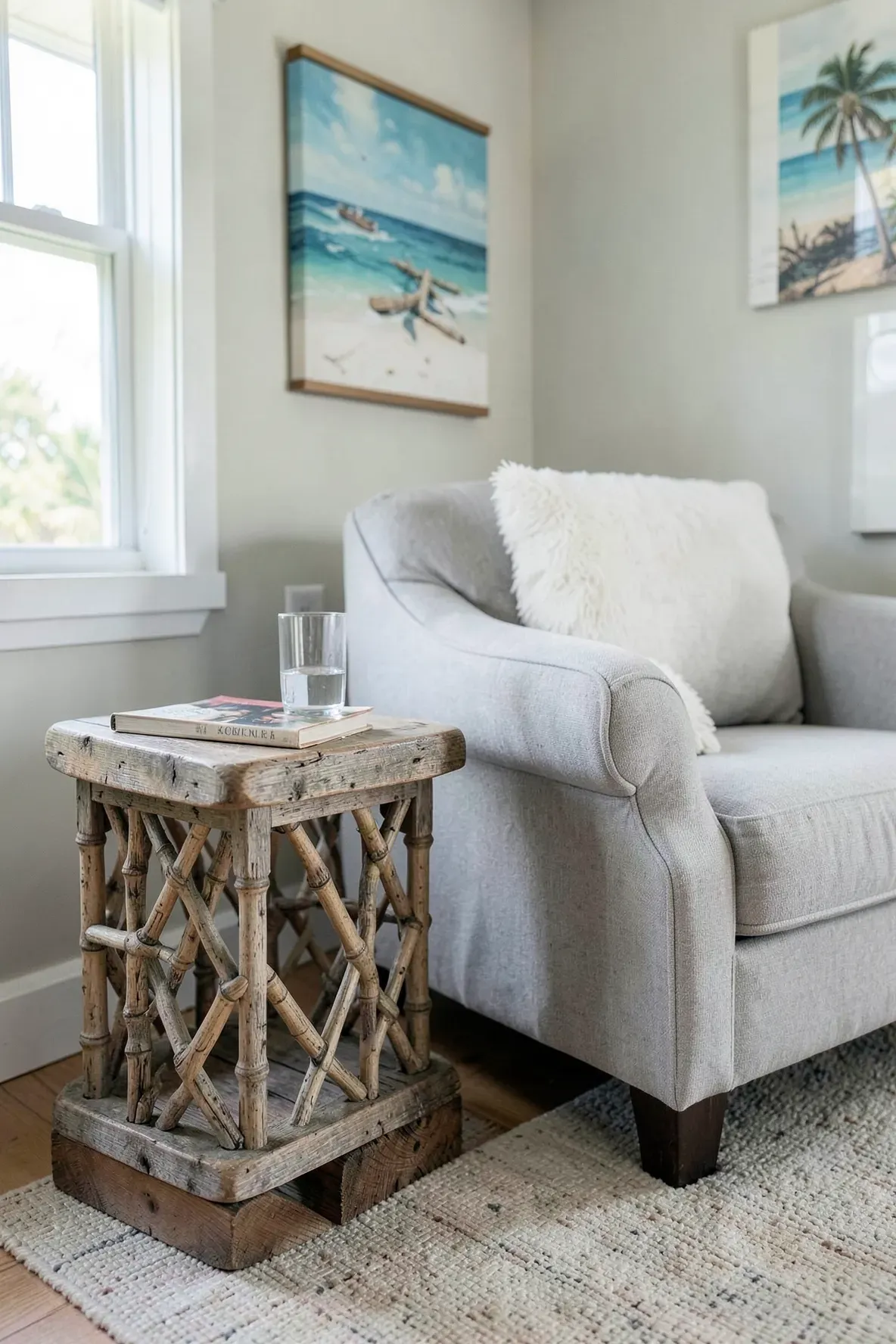 A distressed wood side table with bamboo carvings next to a white armchair in a beach house.