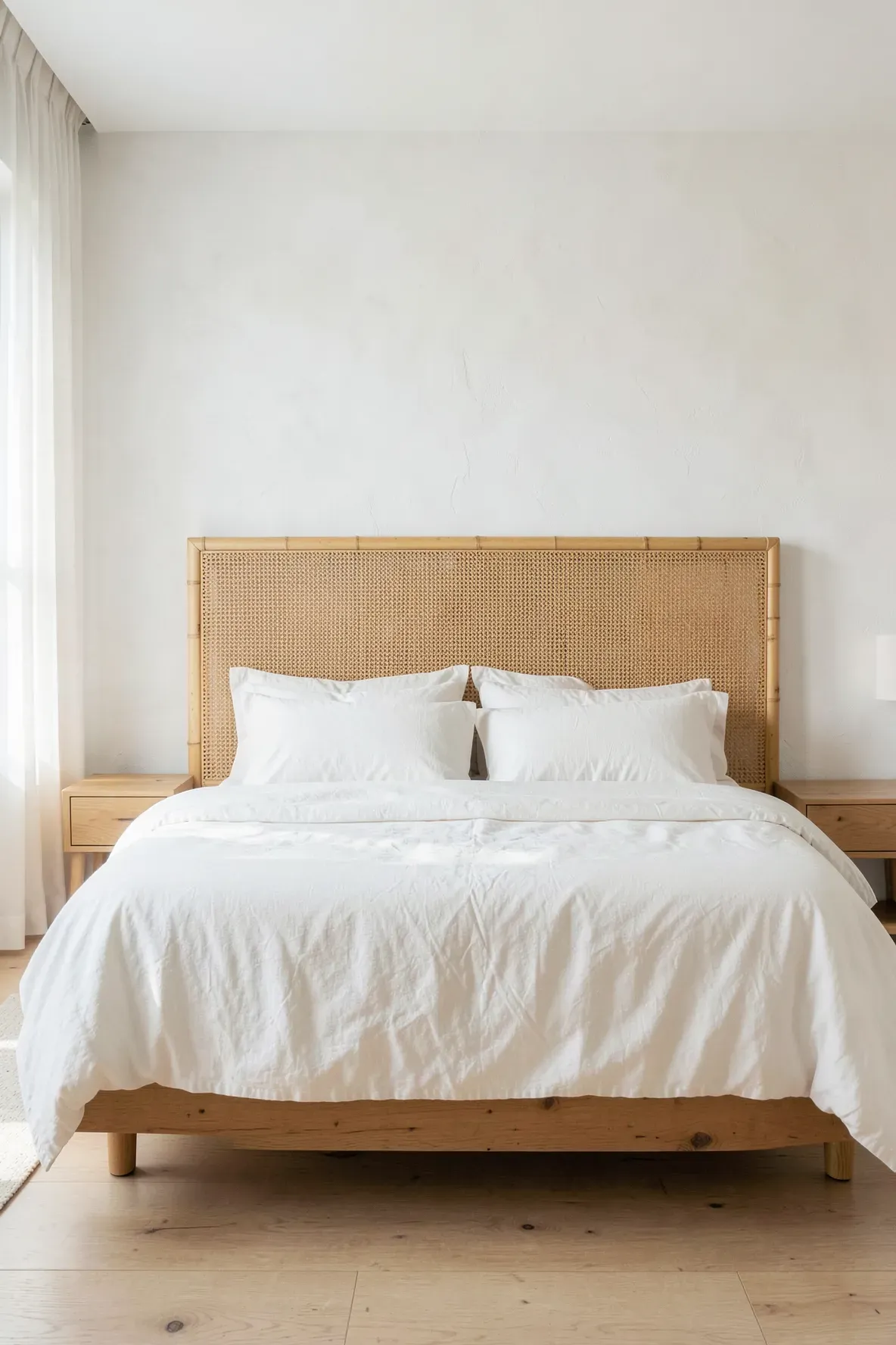 A woven bamboo headboard with a natural finish on a bed with white linens in a bright room.