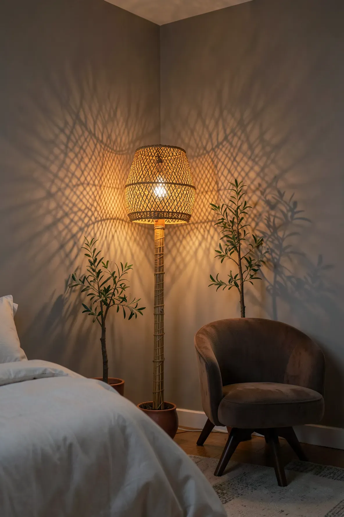 A tall rattan floor lamp glowing in a bedroom corner, casting patterned shadows on the wall.
