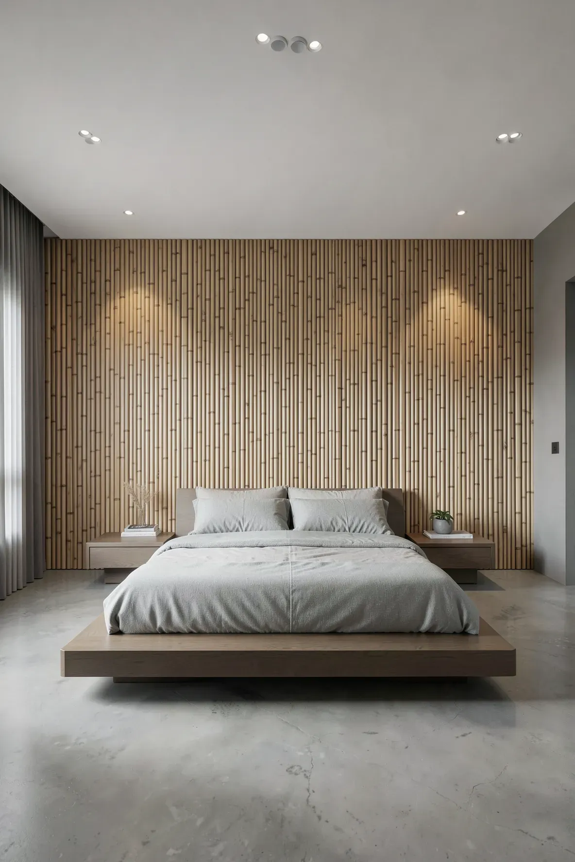 Vertical bamboo slat panels covering the wall behind a bed in a modern Zen bedroom.