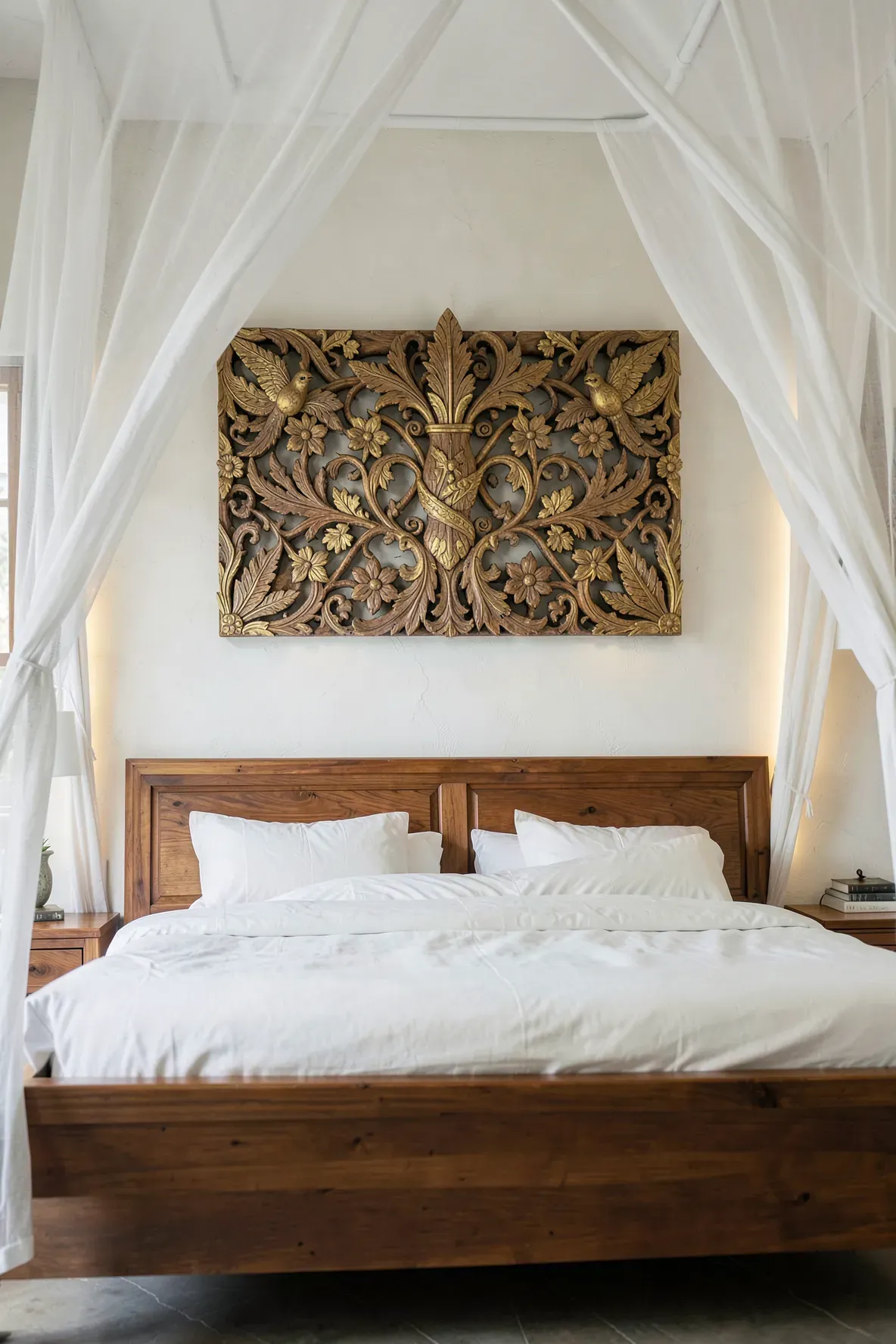 An intricate hand-painted Balinese wood carving mounted on the wall above a bed.