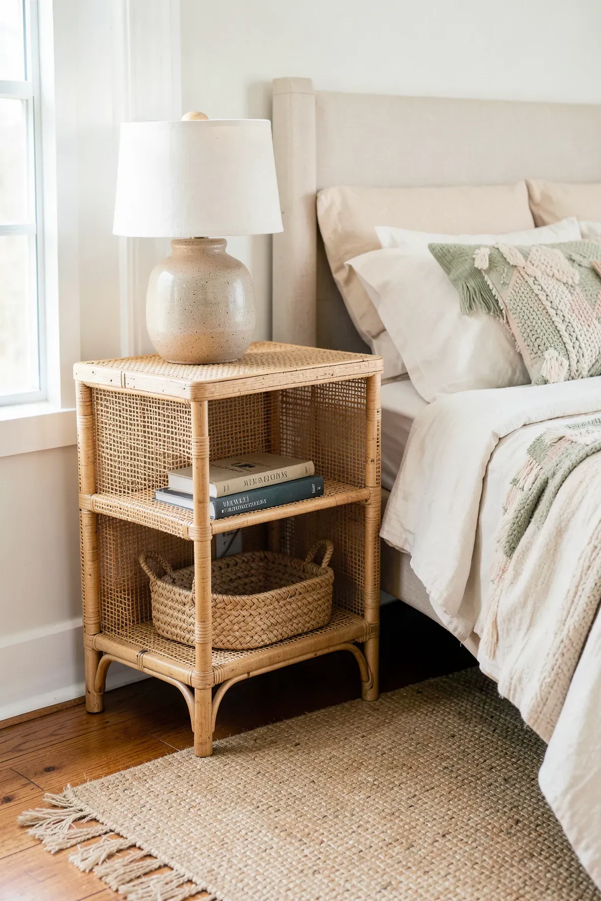 A woven rattan nightstand with open shelves next to a bed in a bright bedroom.