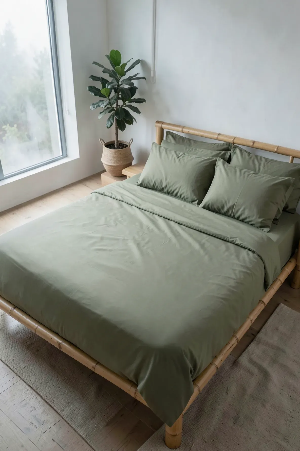 A bed with soft, sage green bamboo fiber sheets in a tranquil, naturally lit bedroom.