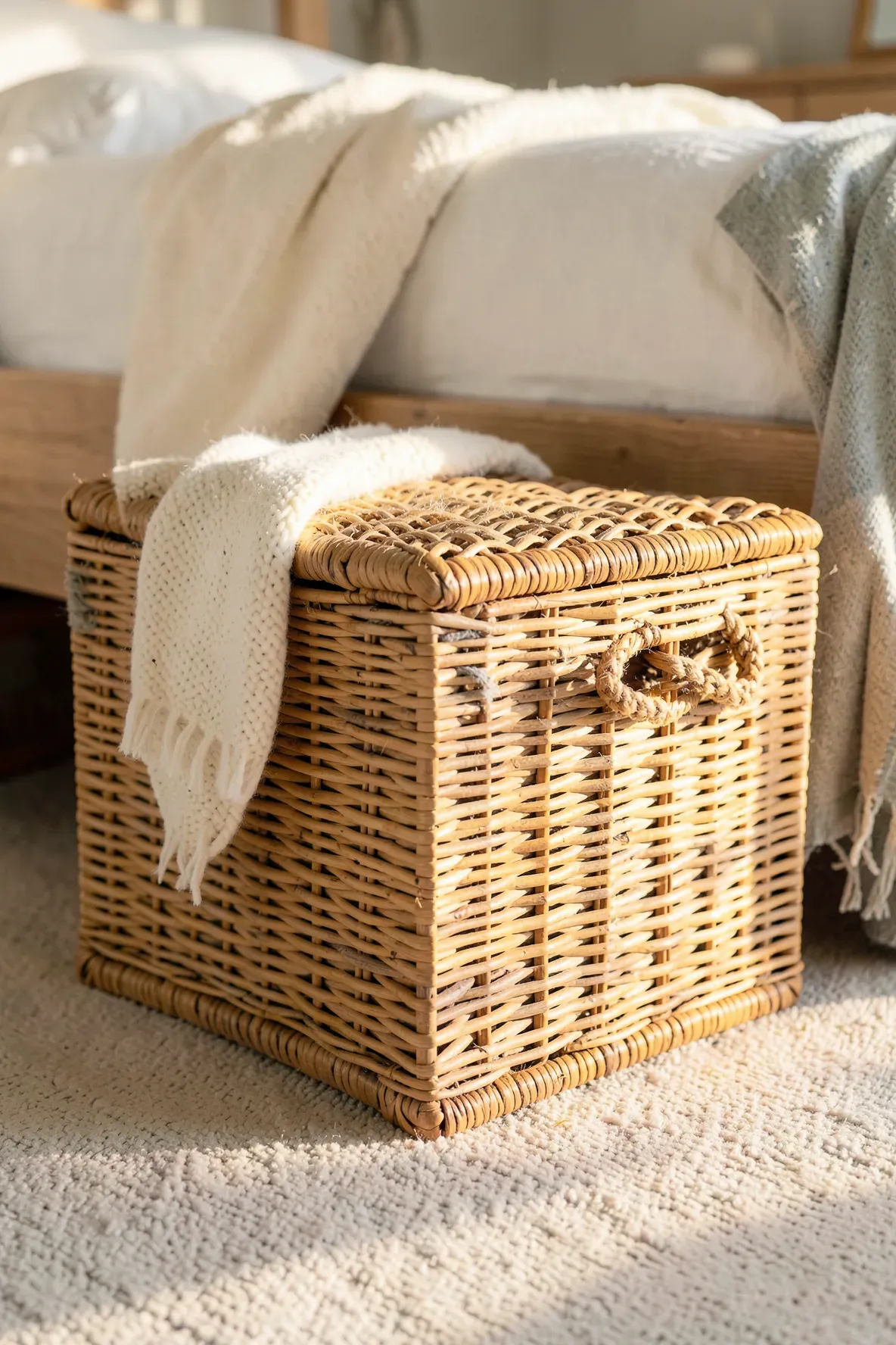 A large woven rattan storage trunk used as a bench at the foot of a bed.