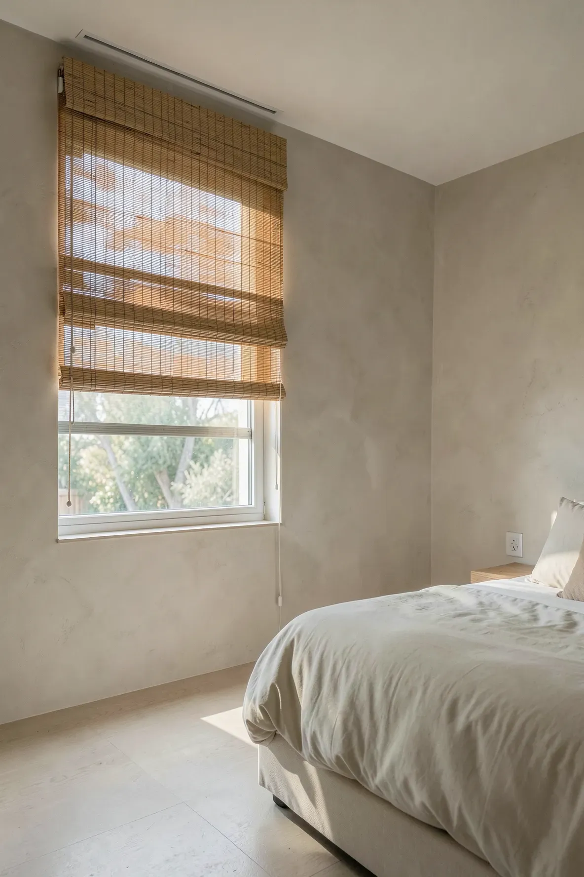 Bamboo Roman shades filtering soft natural light into a modern, relaxing bedroom with neutral tones.