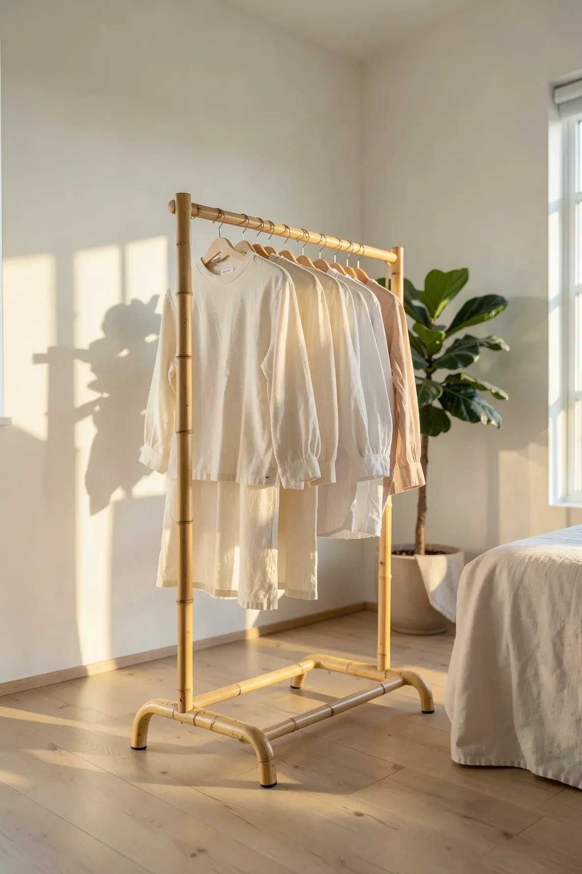 A minimalist bamboo clothing rack with linen clothes in a bright, airy bedroom setting.