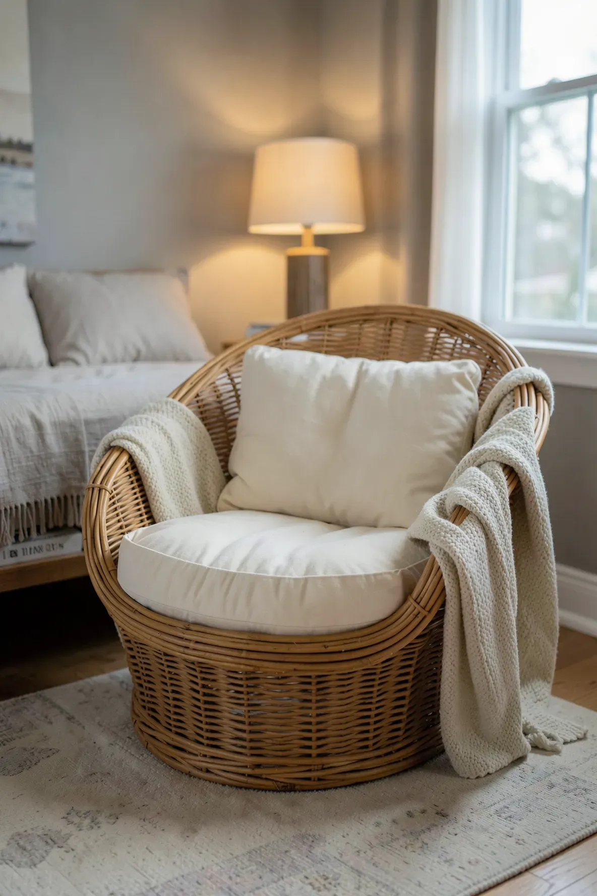A cozy rattan papasan chair with a cream cushion in a peaceful bedroom corner.