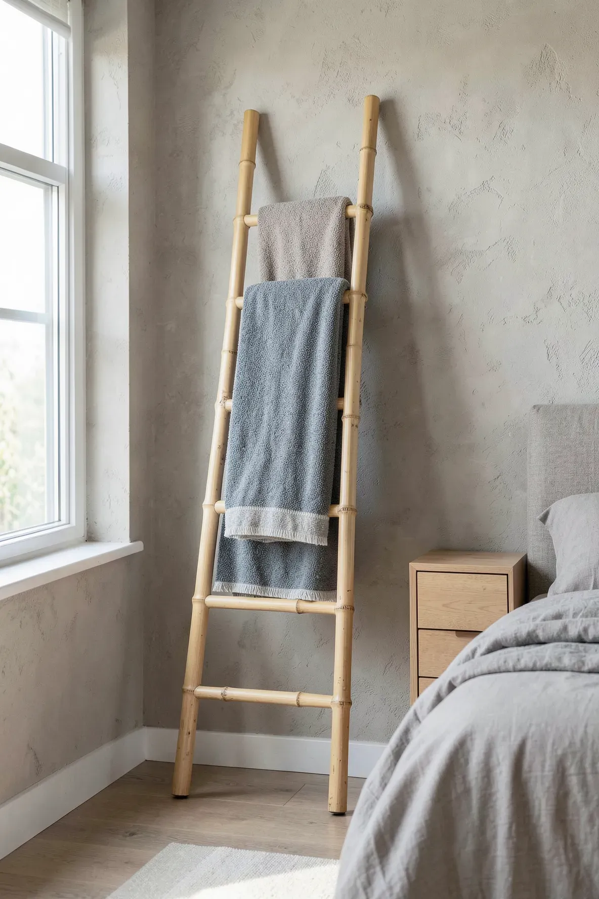 A bamboo ladder leaning against a wall holding neatly folded blankets in a modern bedroom.