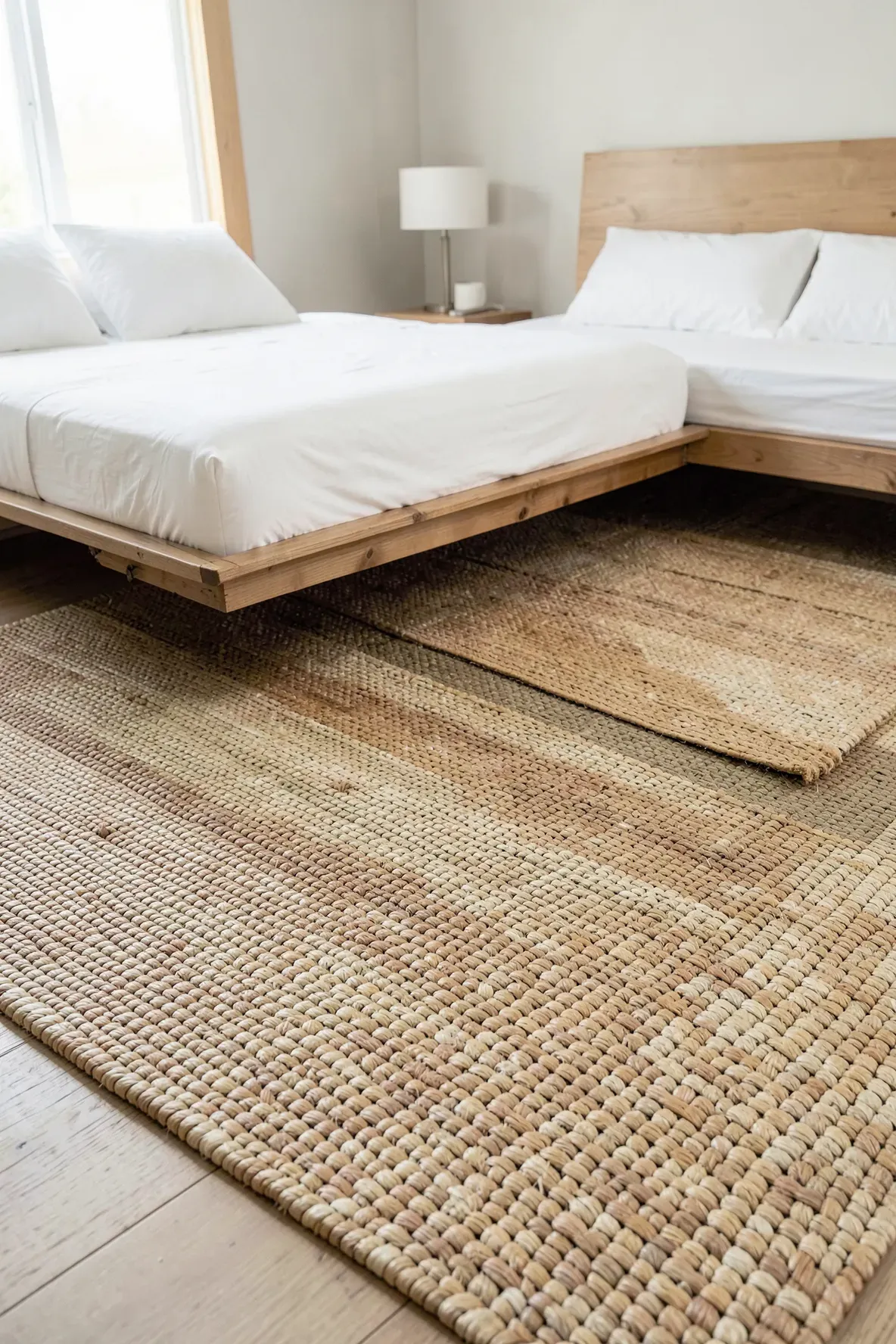 A large woven seagrass and bamboo rug on the floor of a bright, natural-style bedroom.