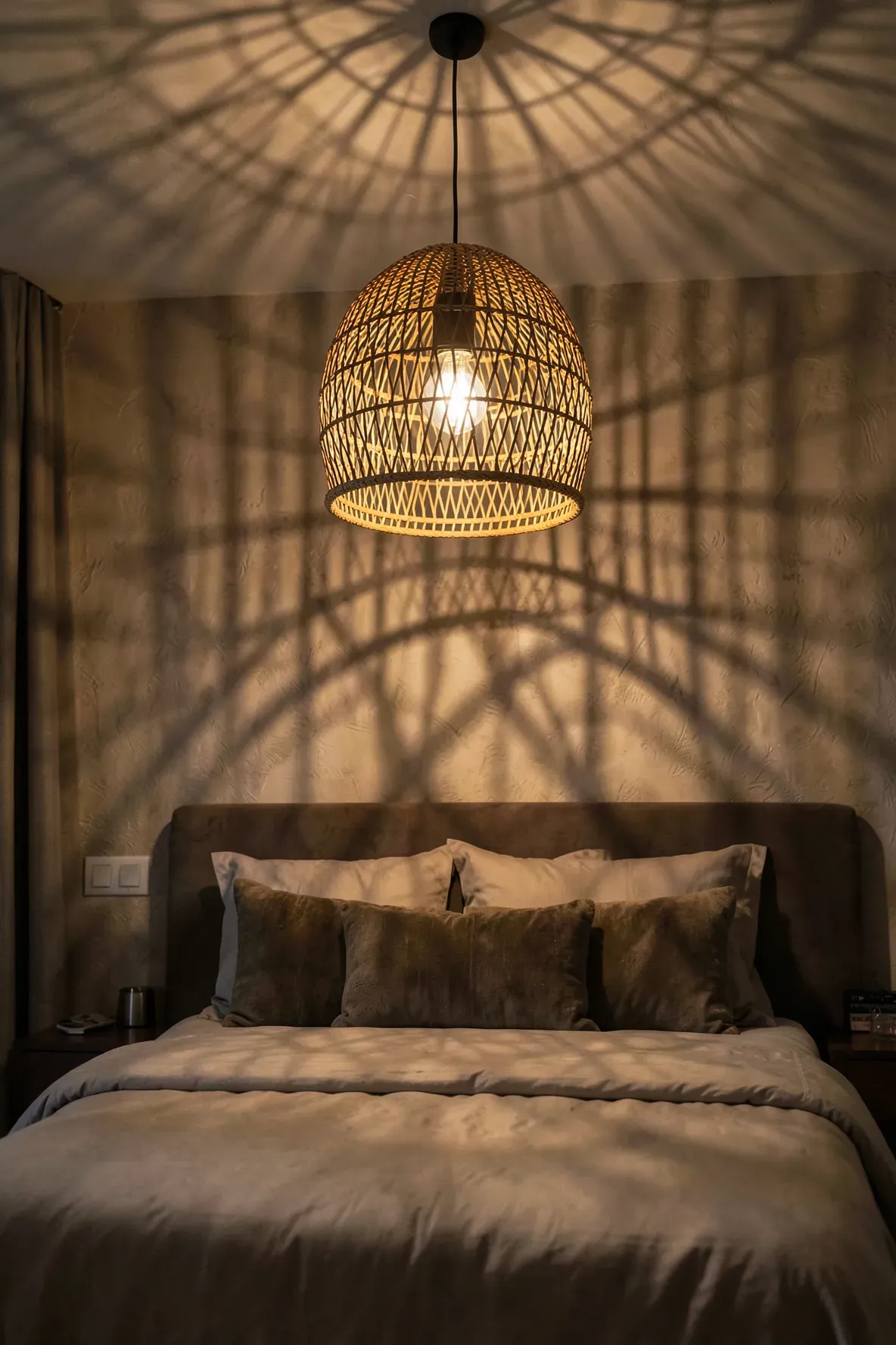 An open-weave rattan pendant light hanging in a bedroom, casting warm light and shadows.