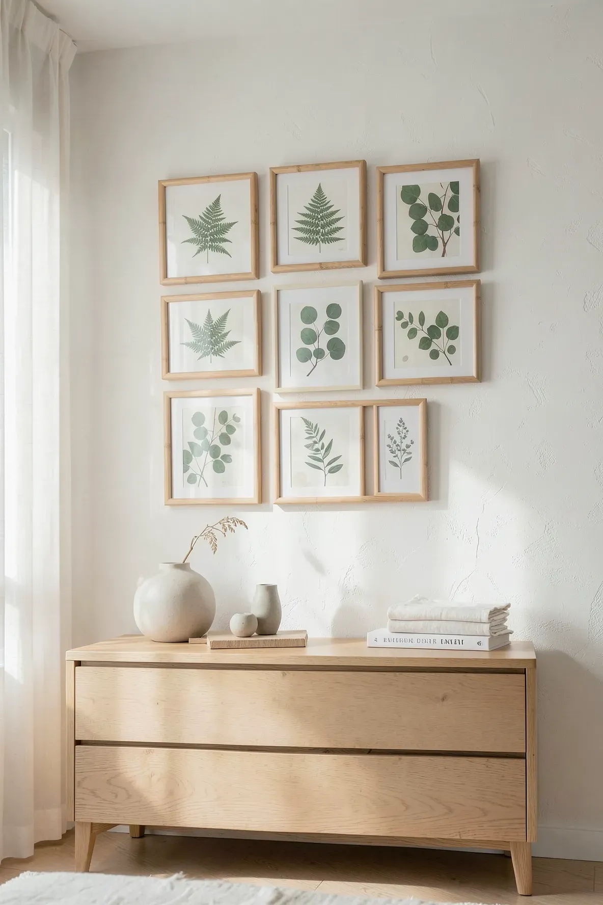 A collection of bamboo picture frames with botanical prints hanging on a serene bedroom wall.