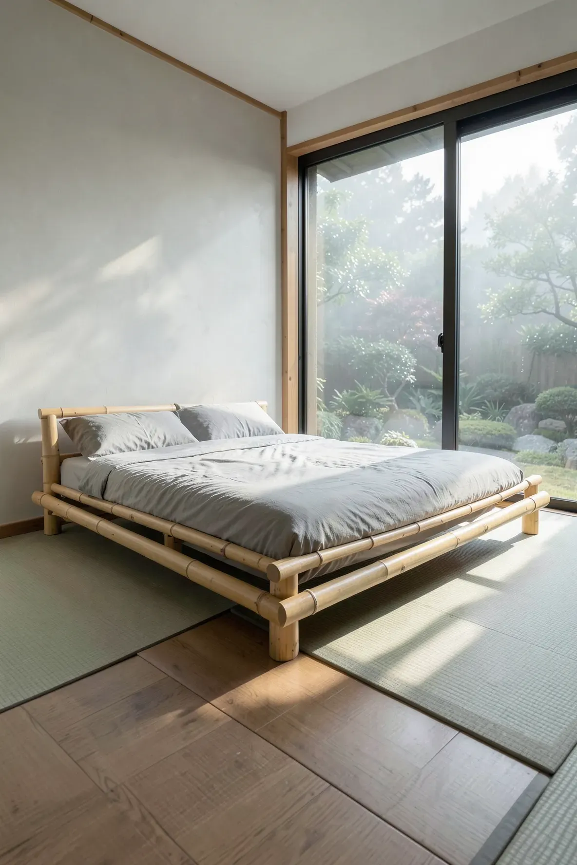 A low-profile bamboo bed frame in a minimalist Zen bedroom with soft morning light.